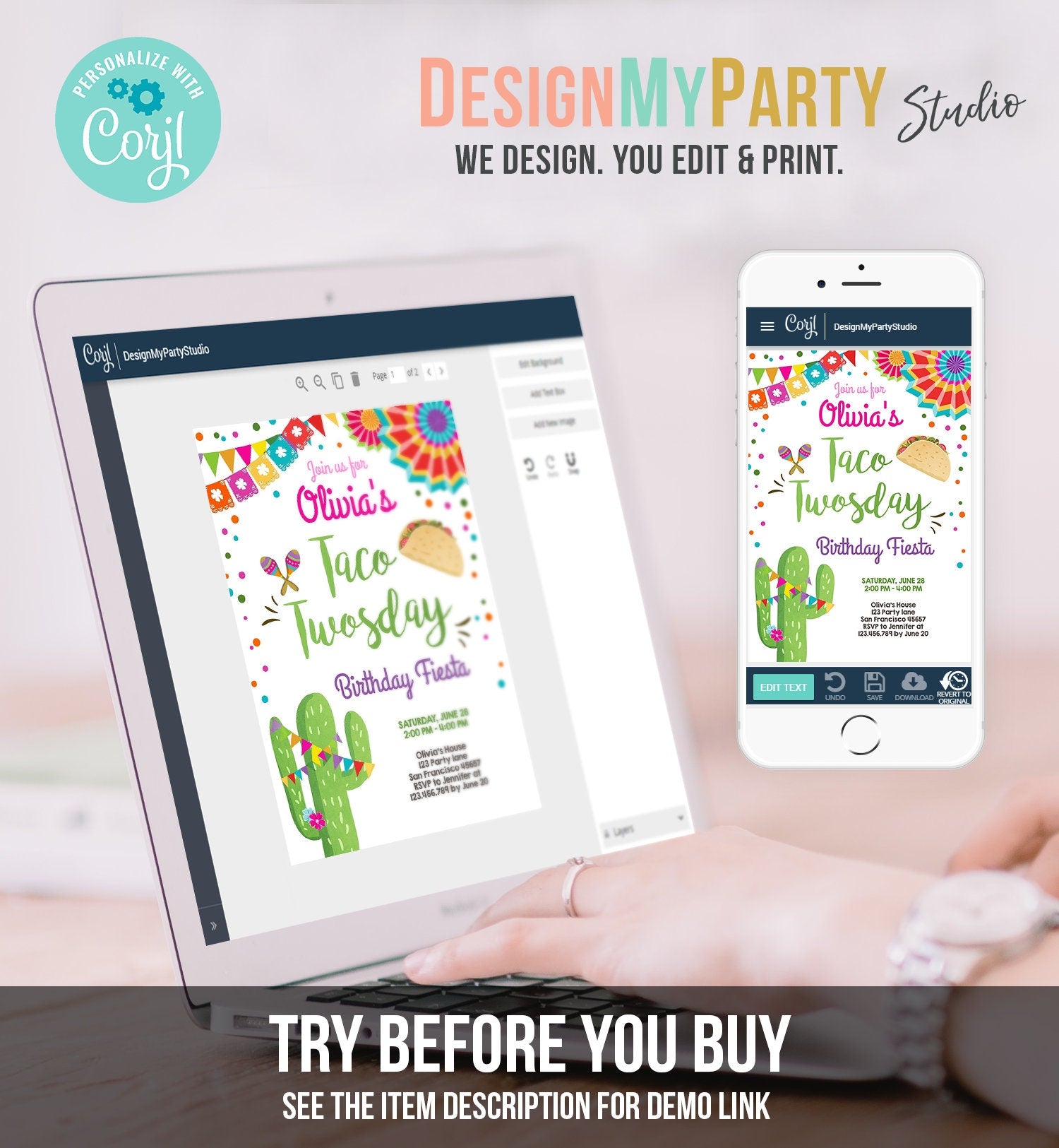 Editable Taco Twosday Invitation Girl Fiesta Cactus Samba Second 2nd Birthday Succulent Digital Download Evite Template Printable 0045