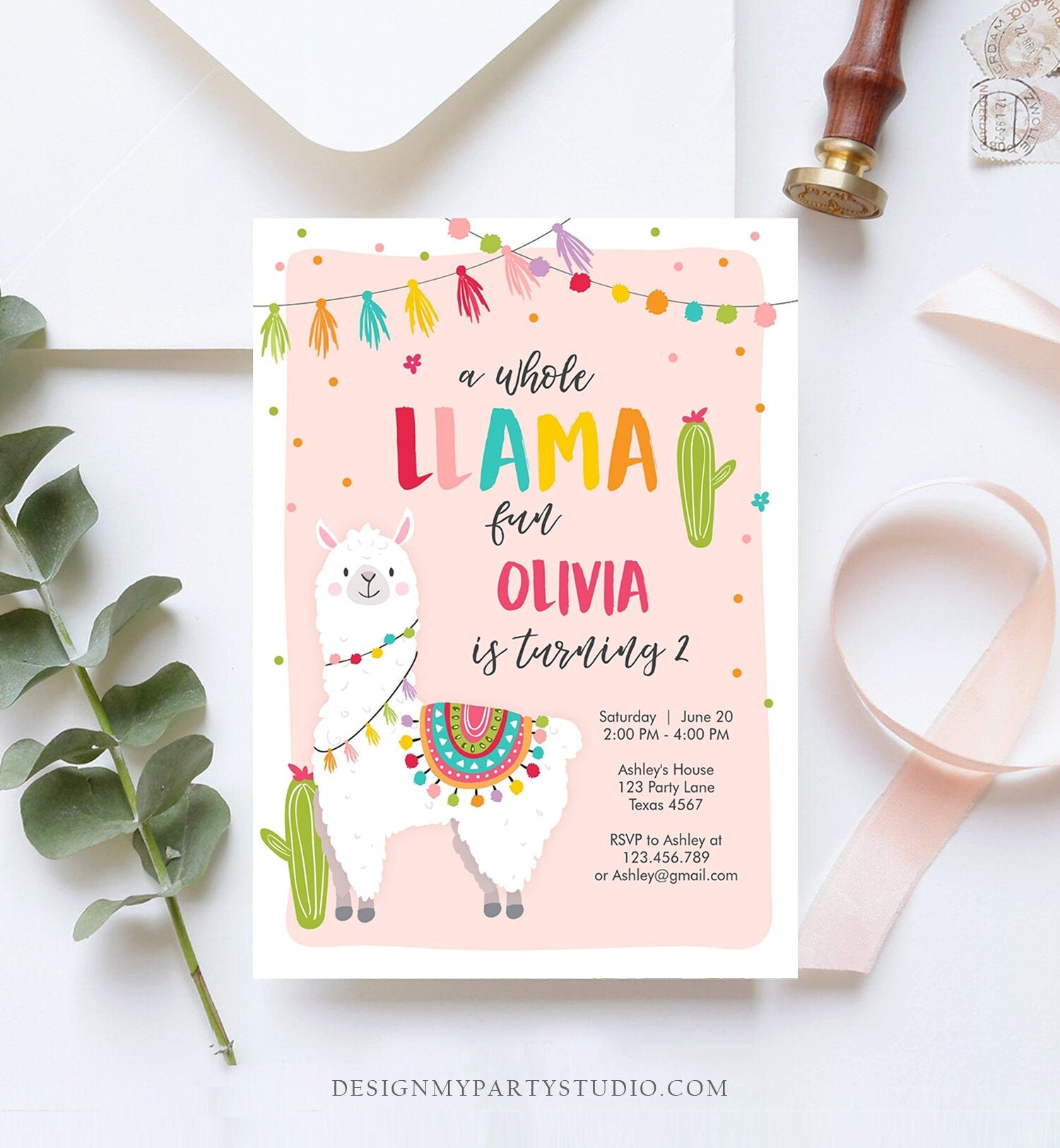 Editable Whole Llama Fun Birthday Invitation Llama Cactus Girl Alpaca Fiesta Party Digital Download Corjl Template Printable 0079