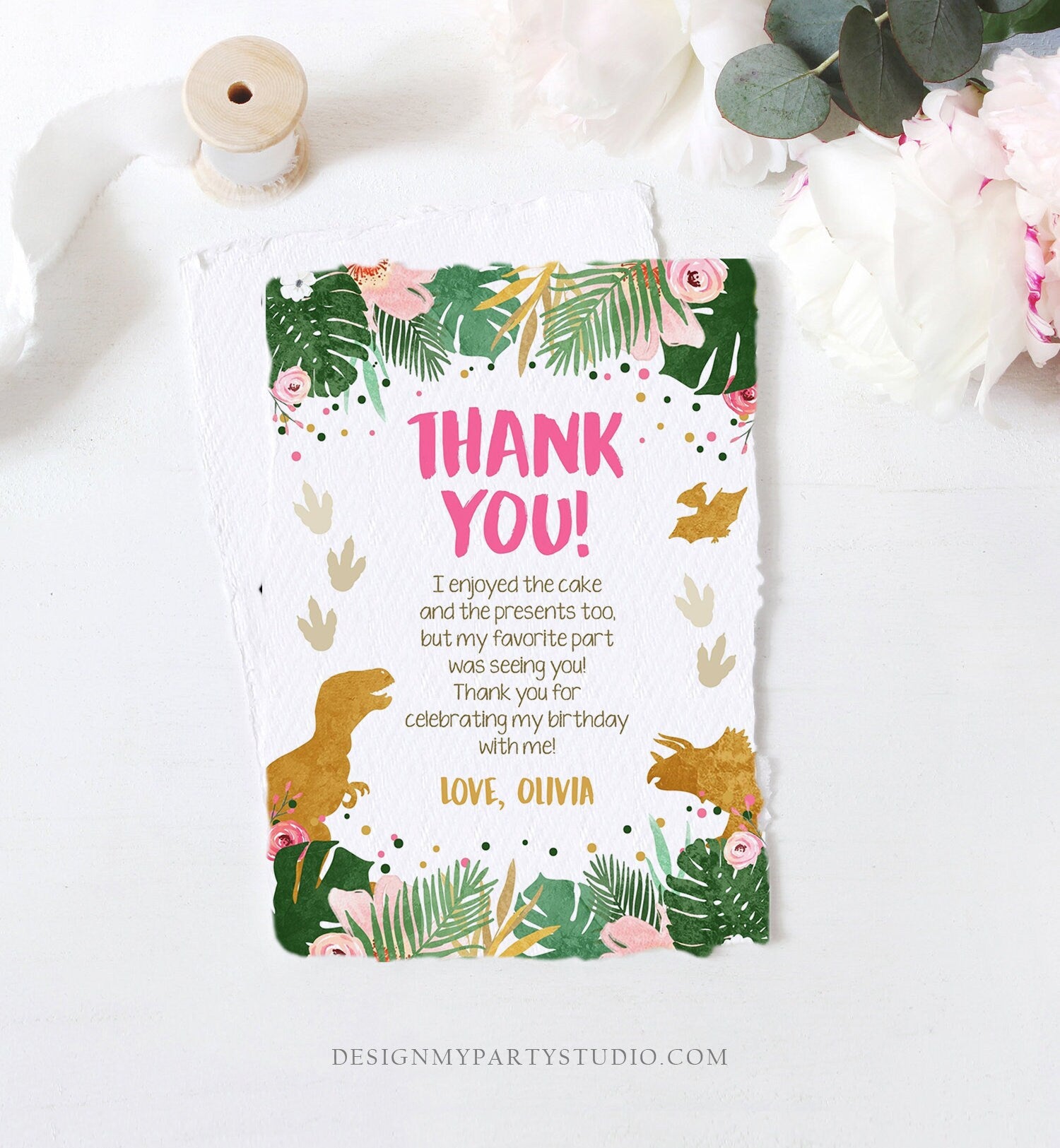 Editable Dinosaur Thank You Card Birthday Note Pink Gold Girl Dino Dig Party T-Rex Digital Download Template Printable 0146