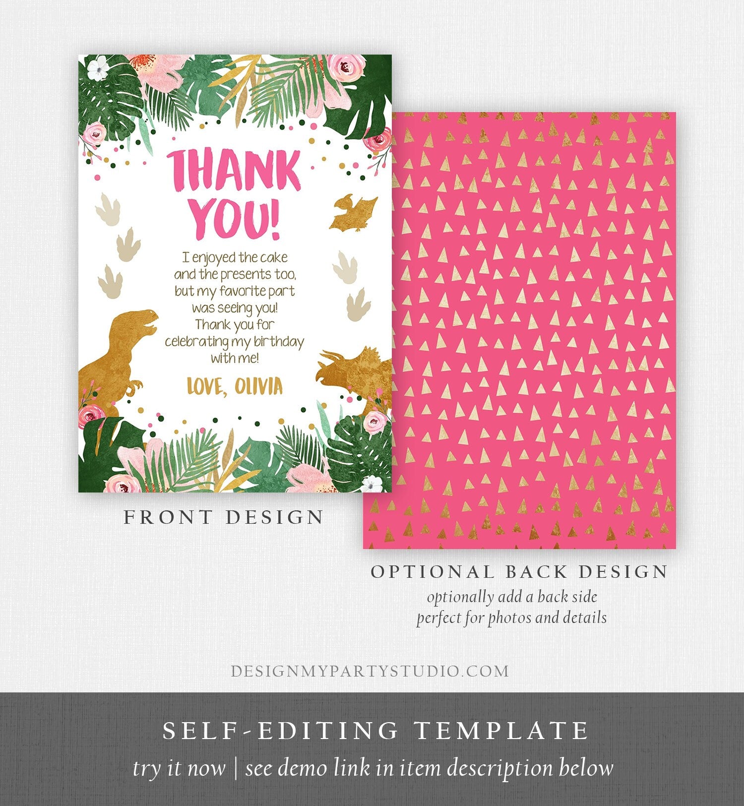 Editable Dinosaur Thank You Card Birthday Note Pink Gold Girl Dino Dig Party T-Rex Digital Download Template Printable 0146