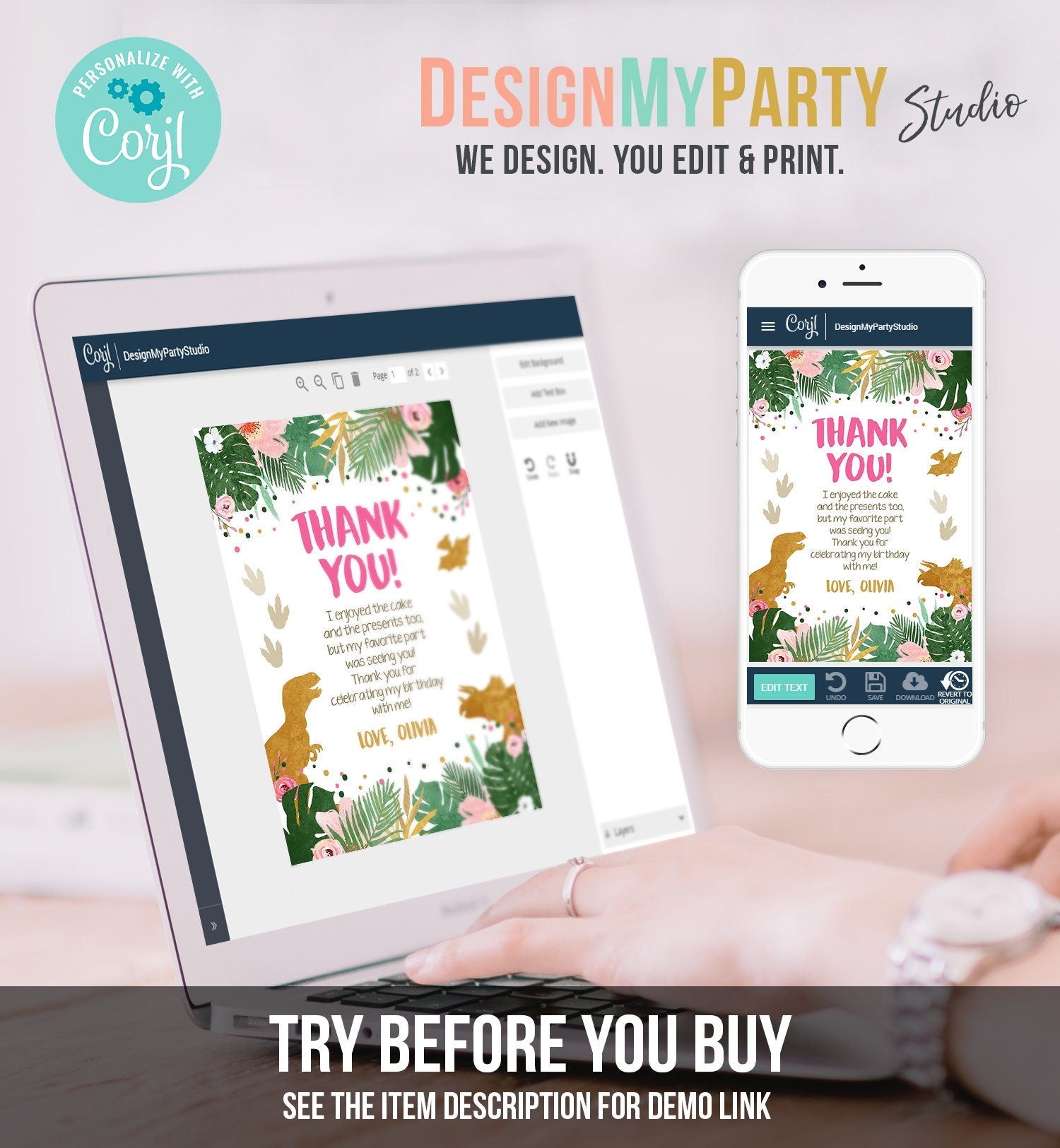 Editable Dinosaur Thank You Card Birthday Note Pink Gold Girl Dino Dig Party T-Rex Digital Download Template Printable 0146