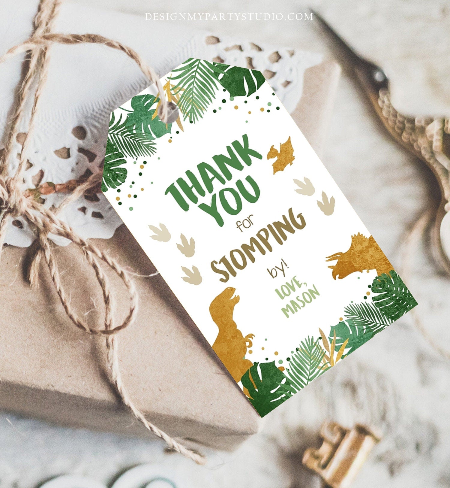 Editable Dinosaur Favor Tags Gift Tag Boy Green Gold Thank You for Stomping By Tag Birthday Dino Party T-Rex Digital Template Printable 0146