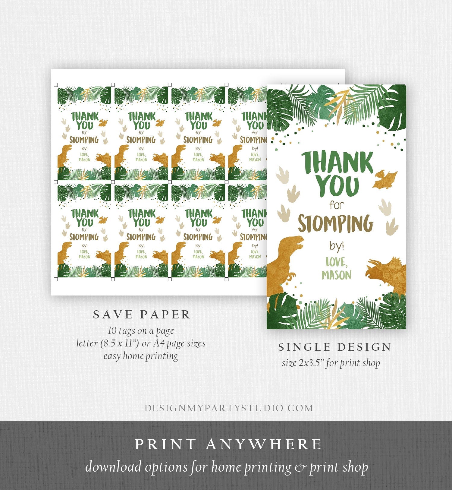 Editable Dinosaur Favor Tags Gift Tag Boy Green Gold Thank You for Stomping By Tag Birthday Dino Party T-Rex Digital Template Printable 0146