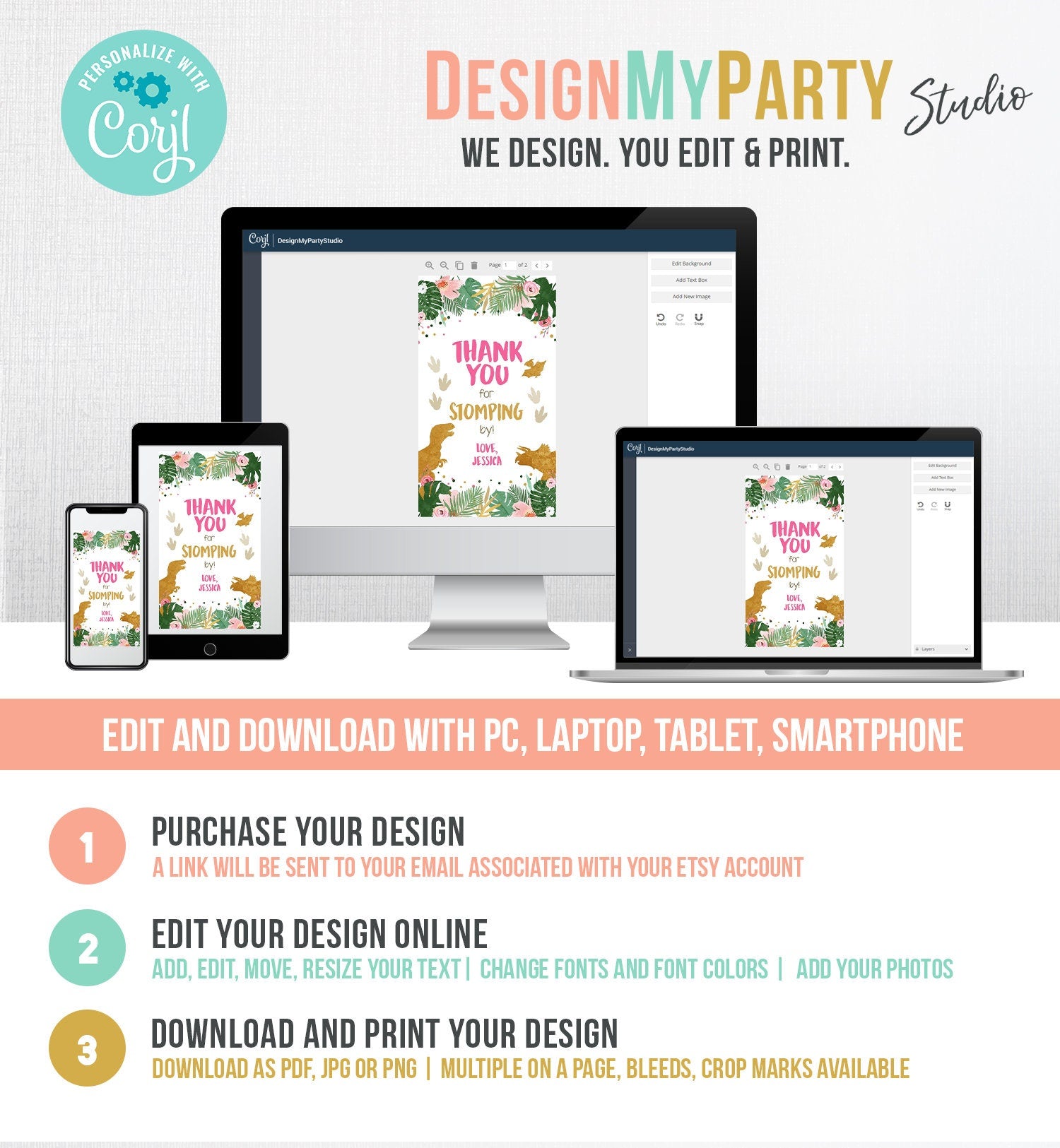 Editable Dinosaur Favor Tags Gift Tag Girl Pink Gold Thank You for Stomping By Tag Birthday Dino Party T-Rex Digital Template Printable 0146
