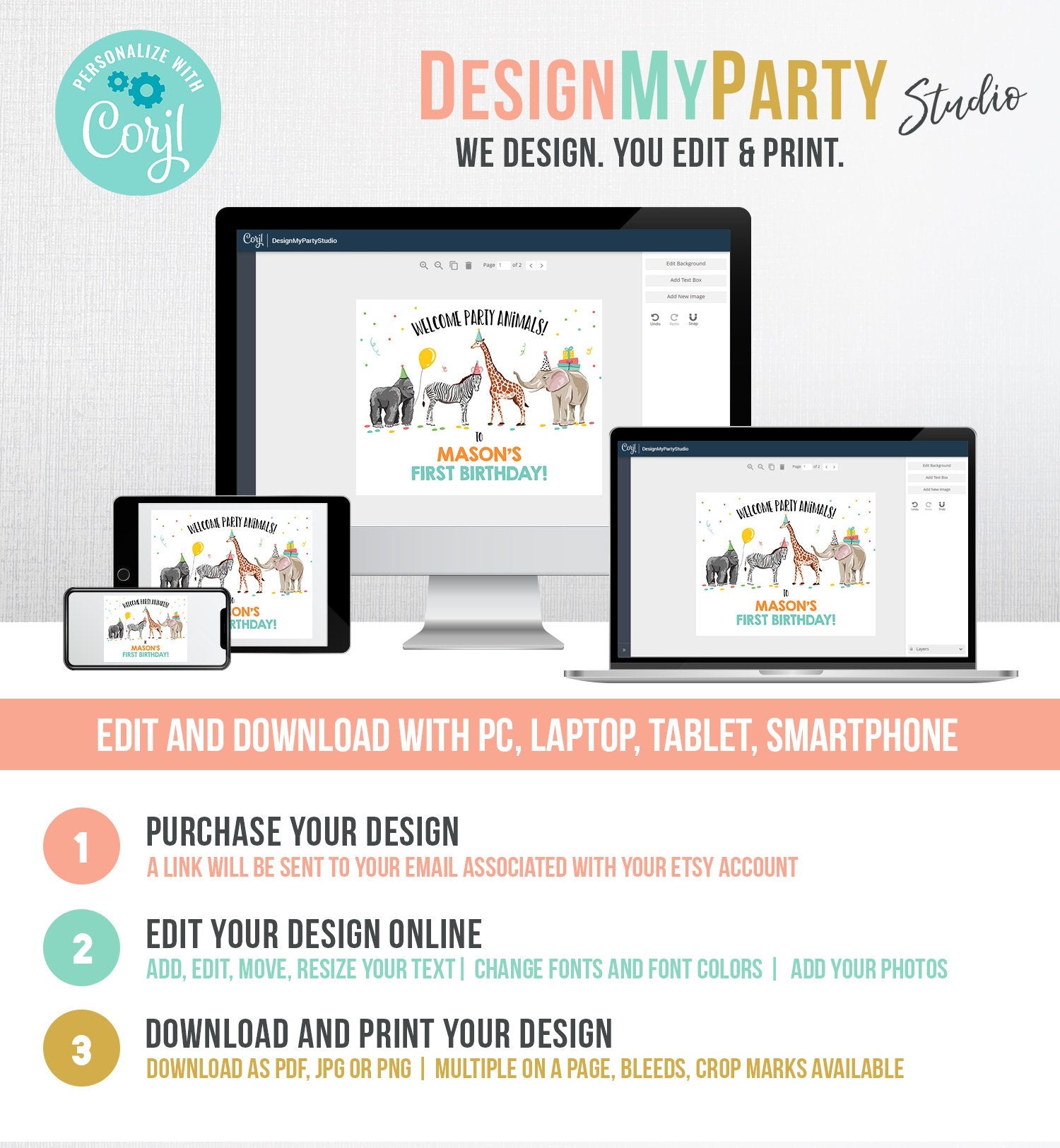 Editable Party Animals Welcome Sign Party Animal Sign Zoo Safari Welcome Jungle Sign Birthday Animals Boy Template PRINTABLE Corjl 0142