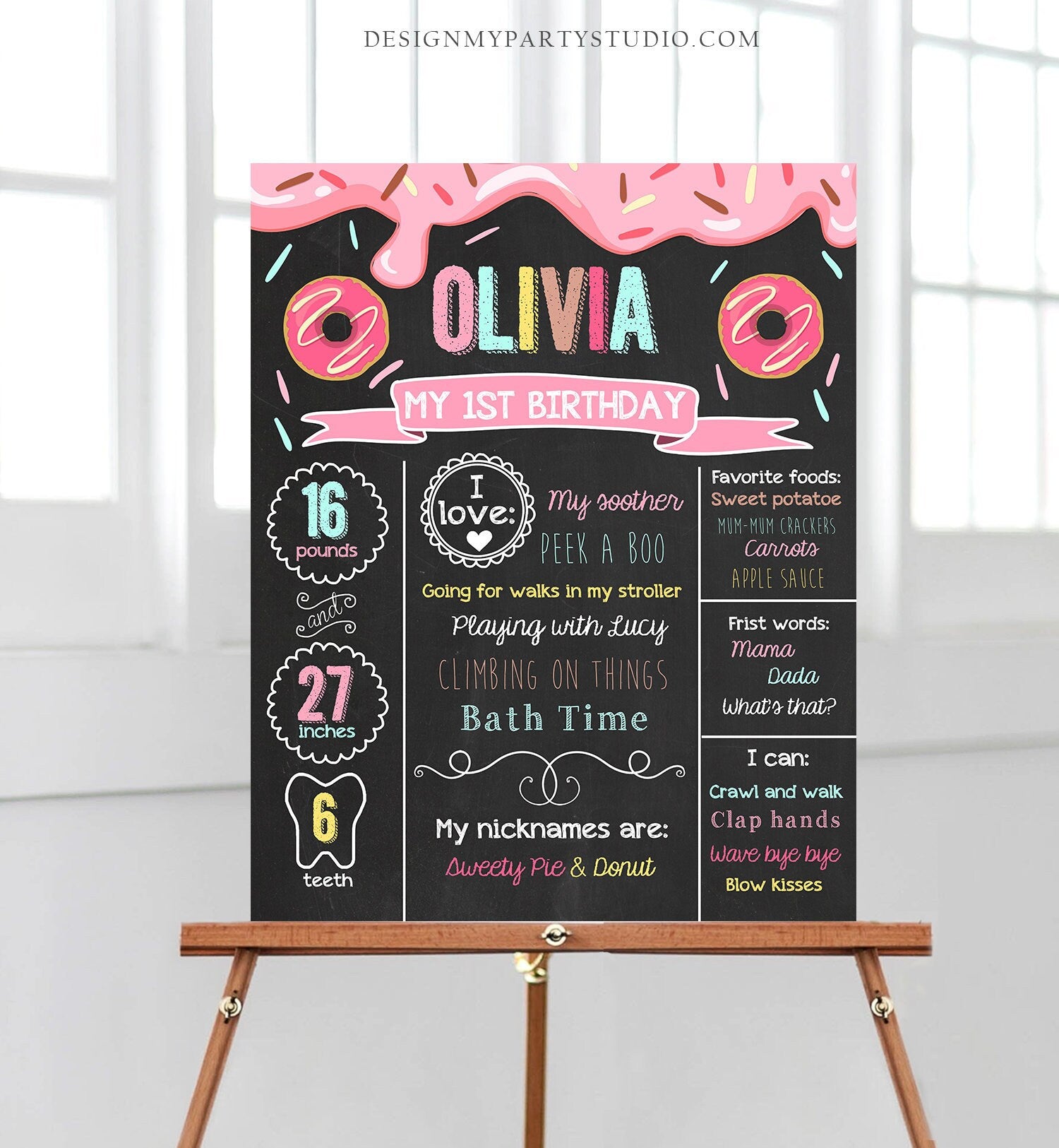 Editable Donut Birthday Milestones Sign Doughnut Chalkboard Sweet Birthday First Birthday 1st Instant Download Corjl Template Printable 0050