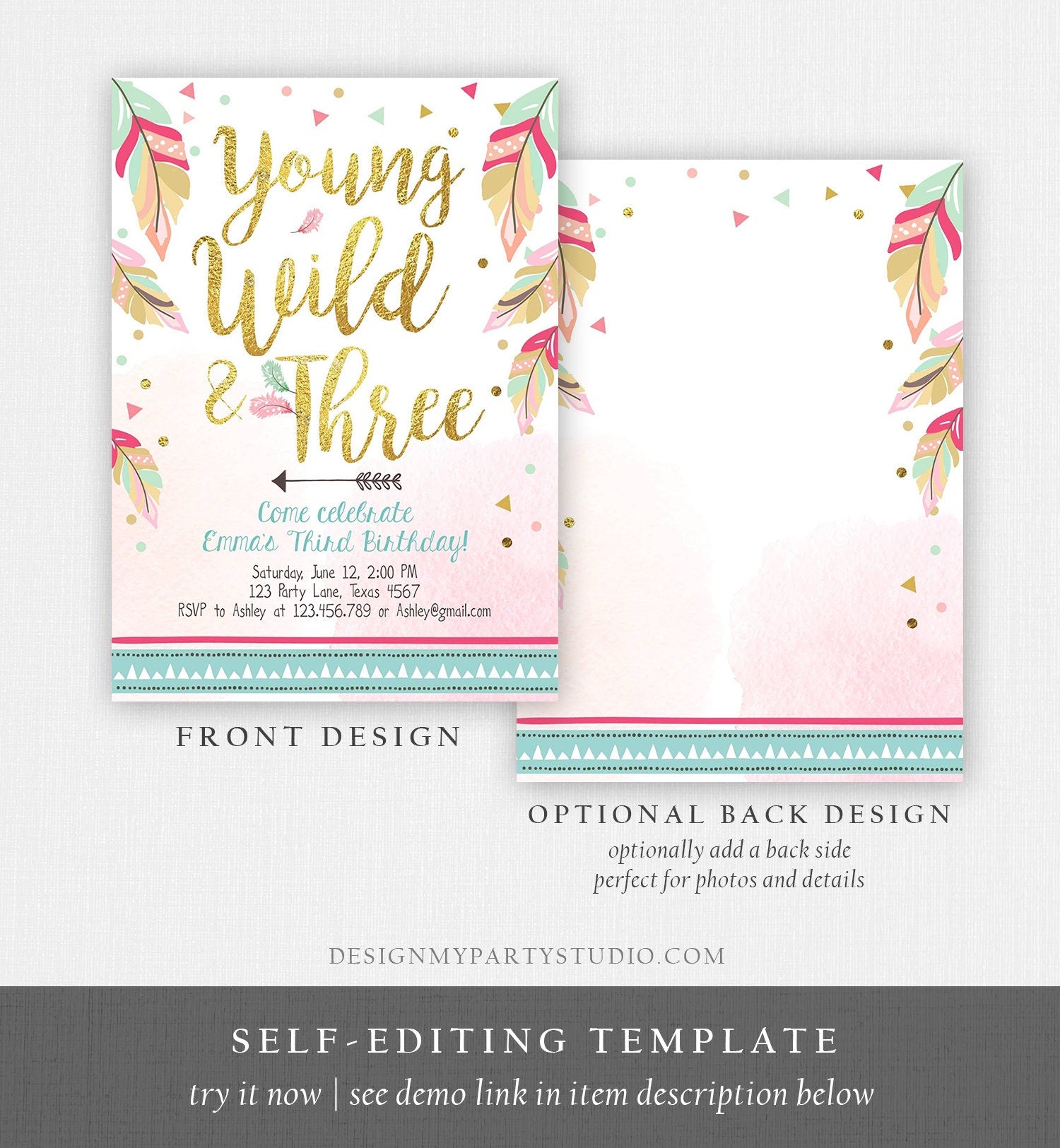 Editable Young Wild and Three Invitation Tribal Boho Feathers Girl Pink Gold Third 3rd Birthday Digital Download Template Printable 0038