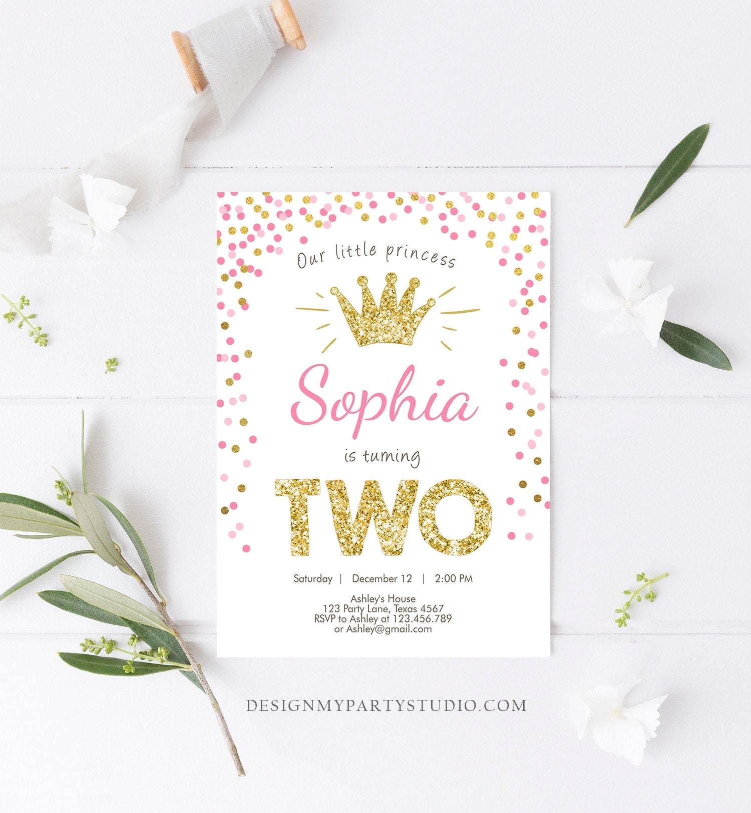 Editable Little Princess Birthday Invitation Girl Pink Gold Second Birthday 2nd ANY AGE Crown Download Corjl Template Printable 0047