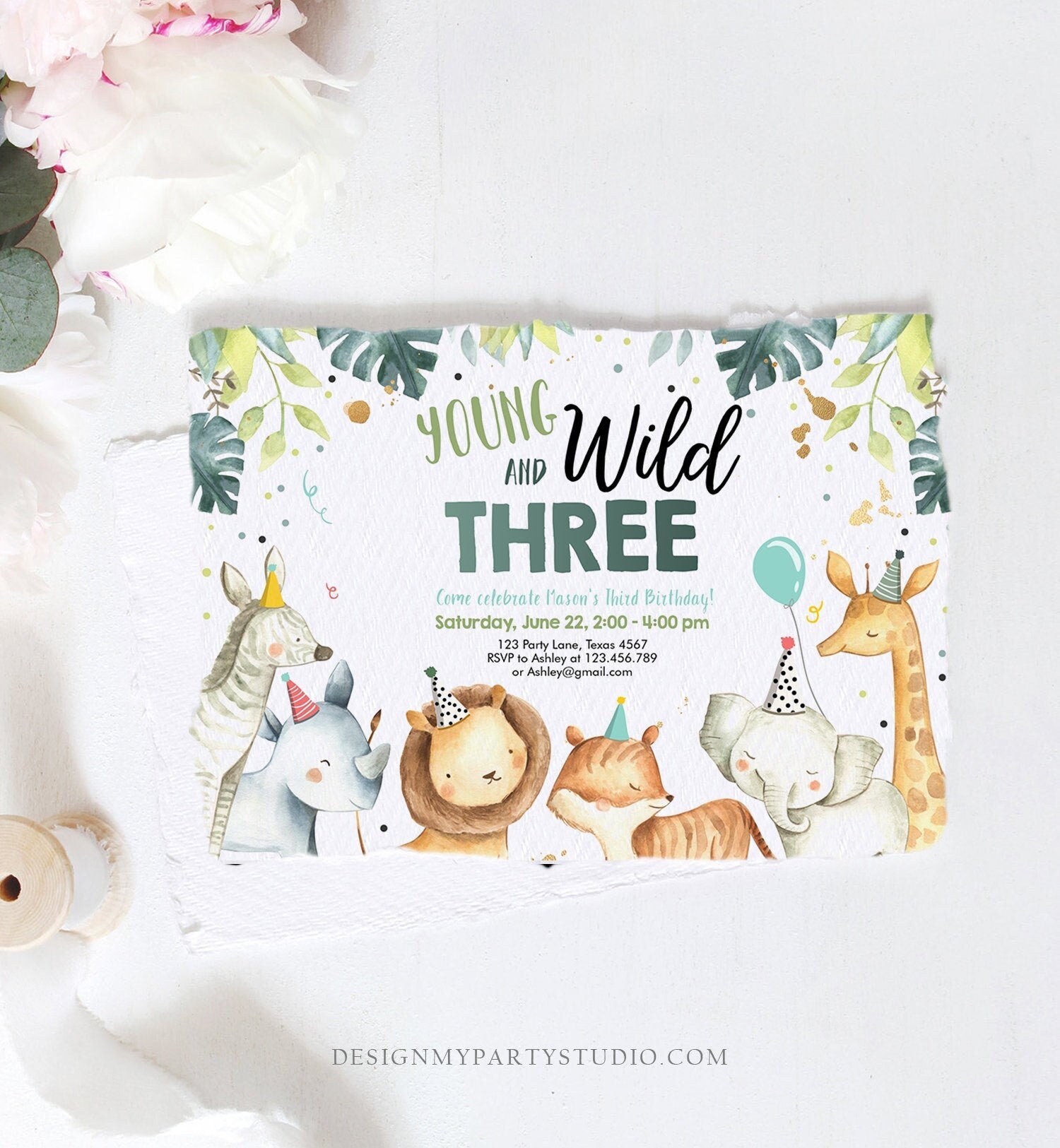 Editable Young Wild and Three Invitation Boy Green Gold Watercolor Safari Animals Party Animals Digital Download Template Printable 0163