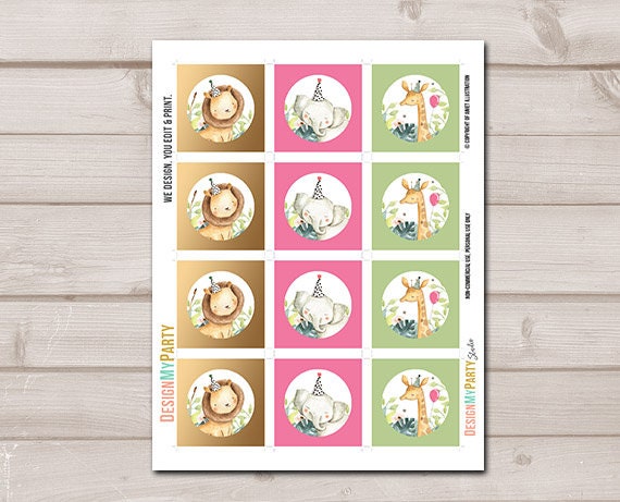 Safari Animals Cupcake Toppers Favor Tags Birthday Party Decoration Girl Animal Wild One Stickers Pink Gold Download Digital Printable 0163