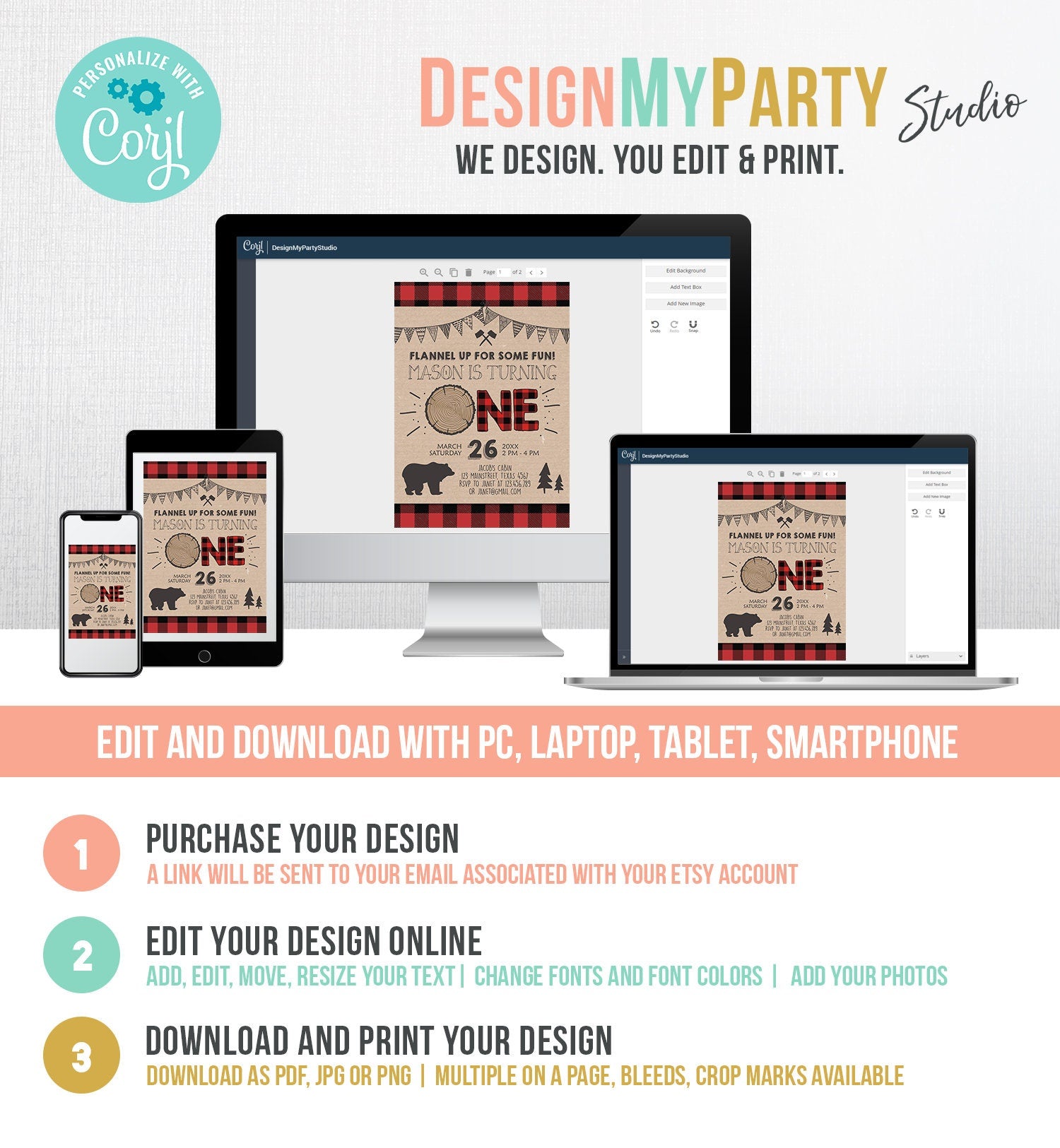 Editable Lumberjack Birthday Invitation Rustic Woodland First Birthday Bear Forest Red Black Plaid Download Corjl Template Printable 0026