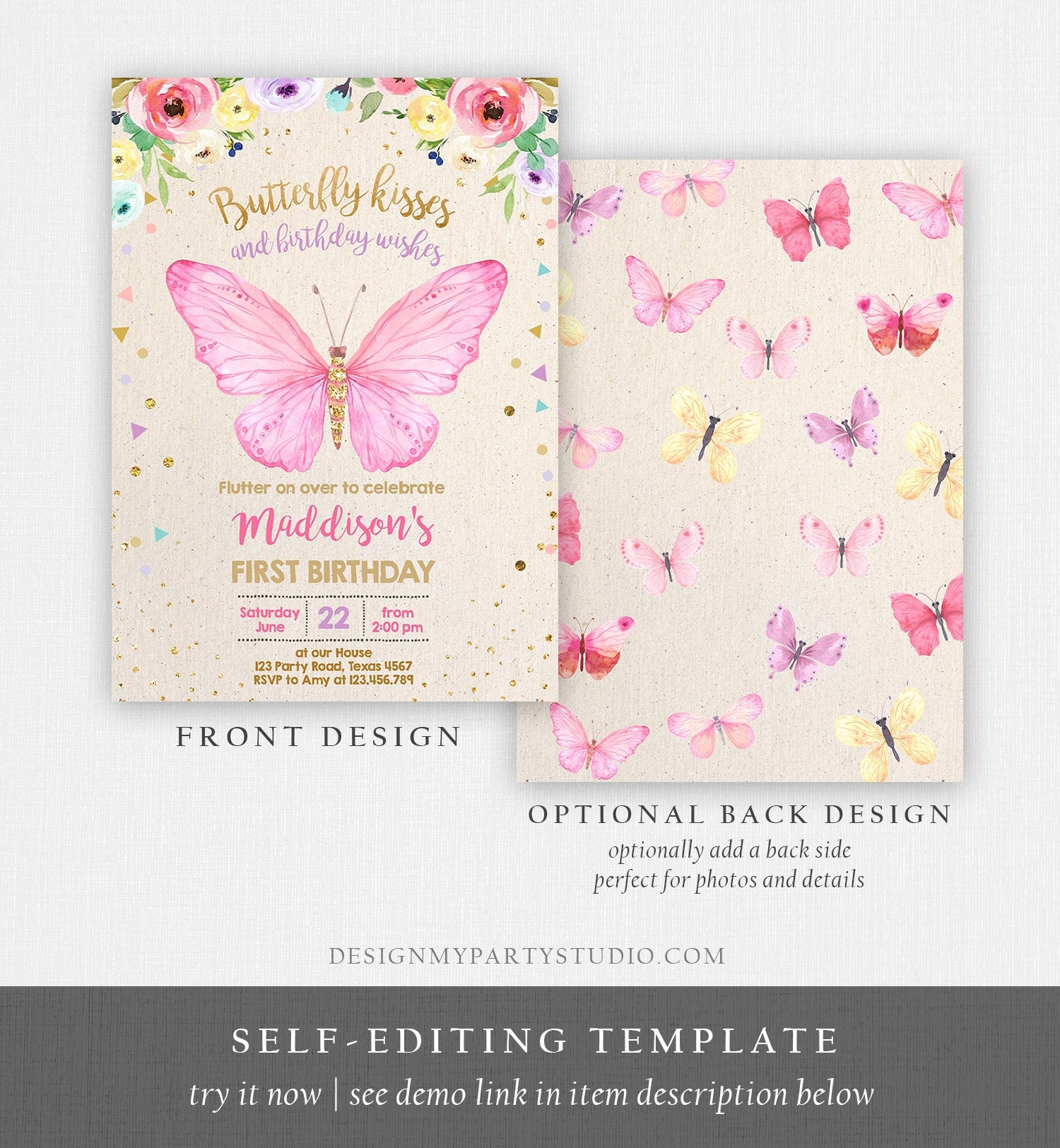 Editable Butterfly Birthday Invitation Butterfly Invitation Garden Floral Flowers Pink Gold Girl Download Printable Template Corjl 0162