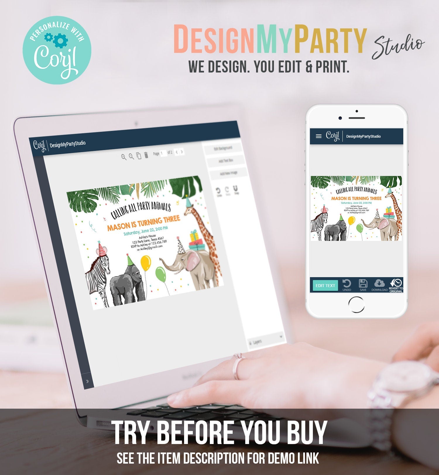 Editable Party Animals Birthday Invitation Wild One Animals Invitation Zoo Safari Animals Boy Digital Download Template Printable 0142