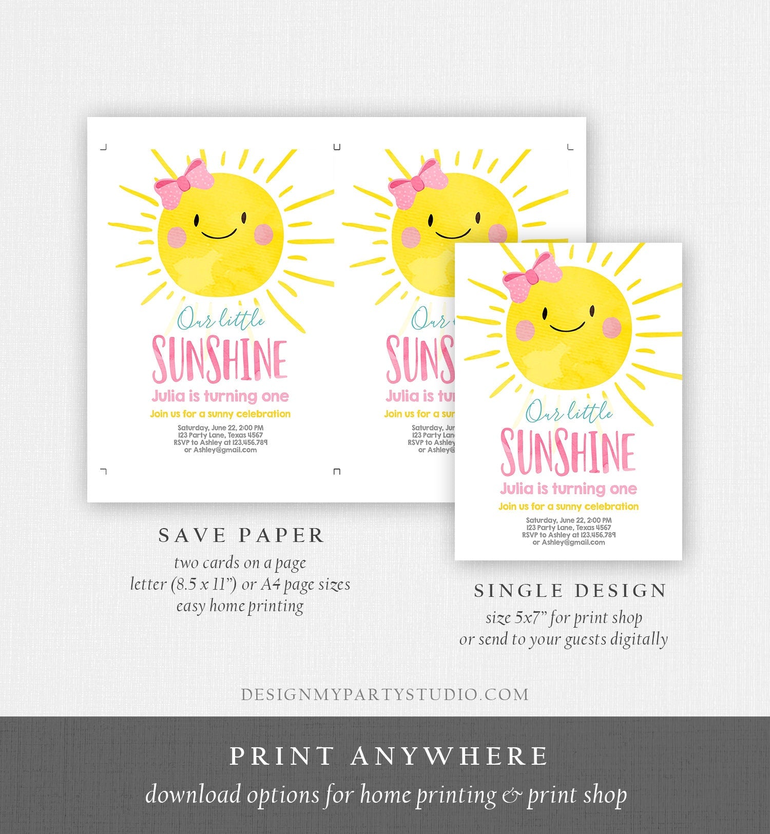 Editable Our Little Sunshine Birthday Invitation Girl Summer First 1st Party Pink Girl Bow Digital Download Template Printable 0141