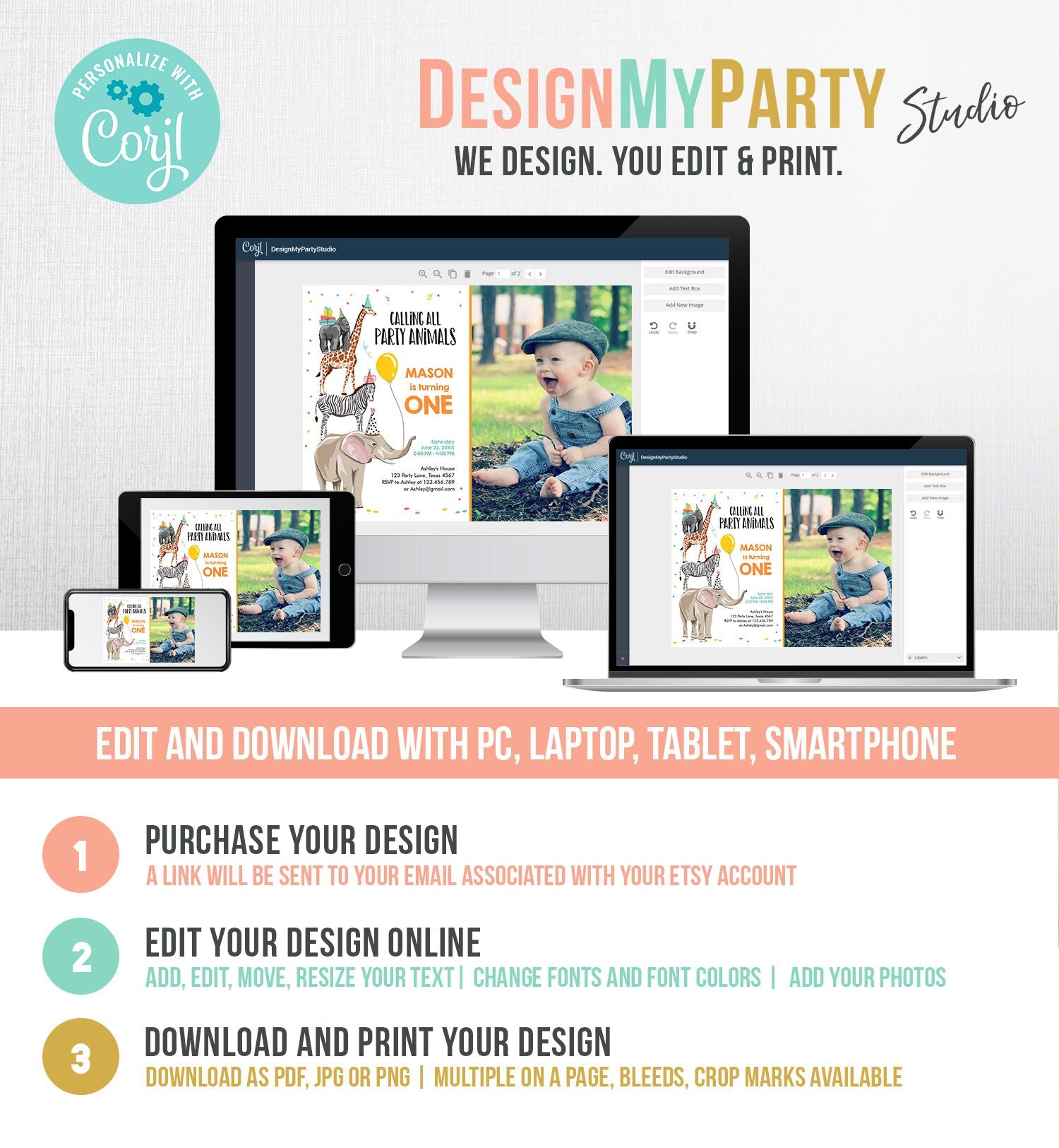 Editable Party Animals Birthday Invitation Wild One Animals Invitation Zoo Safari Animals Boy Digital Download Evite Template Printable 0142