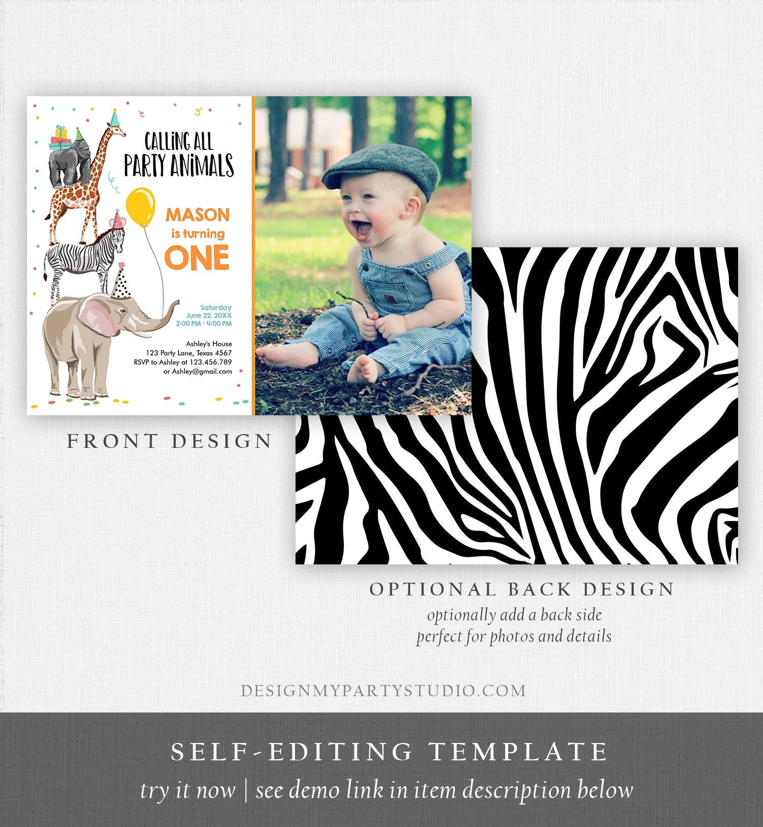 Editable Party Animals Birthday Invitation Wild One Animals Invitation Zoo Safari Animals Boy Digital Download Evite Template Printable 0142