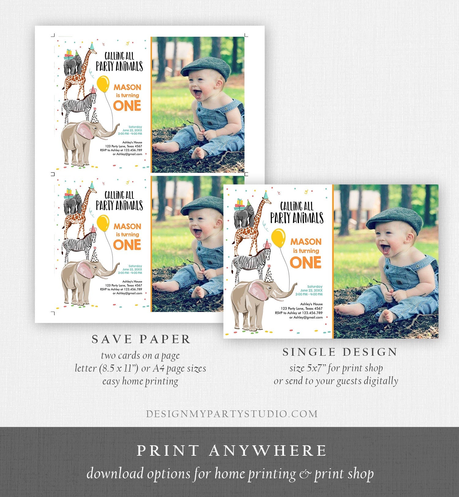 Editable Party Animals Birthday Invitation Wild One Animals Invitation Zoo Safari Animals Boy Digital Download Evite Template Printable 0142