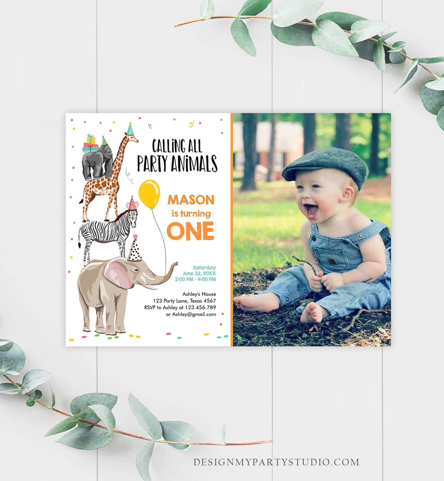 Editable Party Animals Birthday Invitation Wild One Animals Invitation Zoo Safari Animals Boy Digital Download Evite Template Printable 0142
