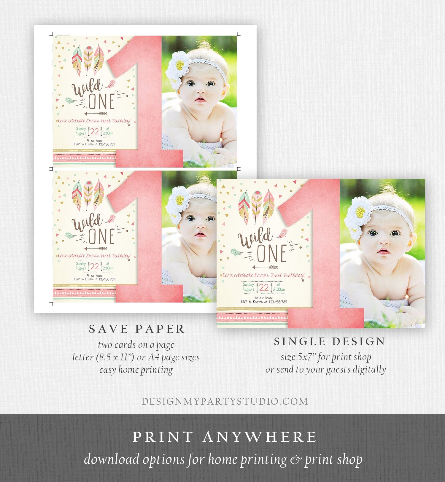 Editable Birthday Invitation Wild One Girl Invite Tribal Boho Arrow Feathers Coral Mint Download Printable Template Digital Corjl 0073