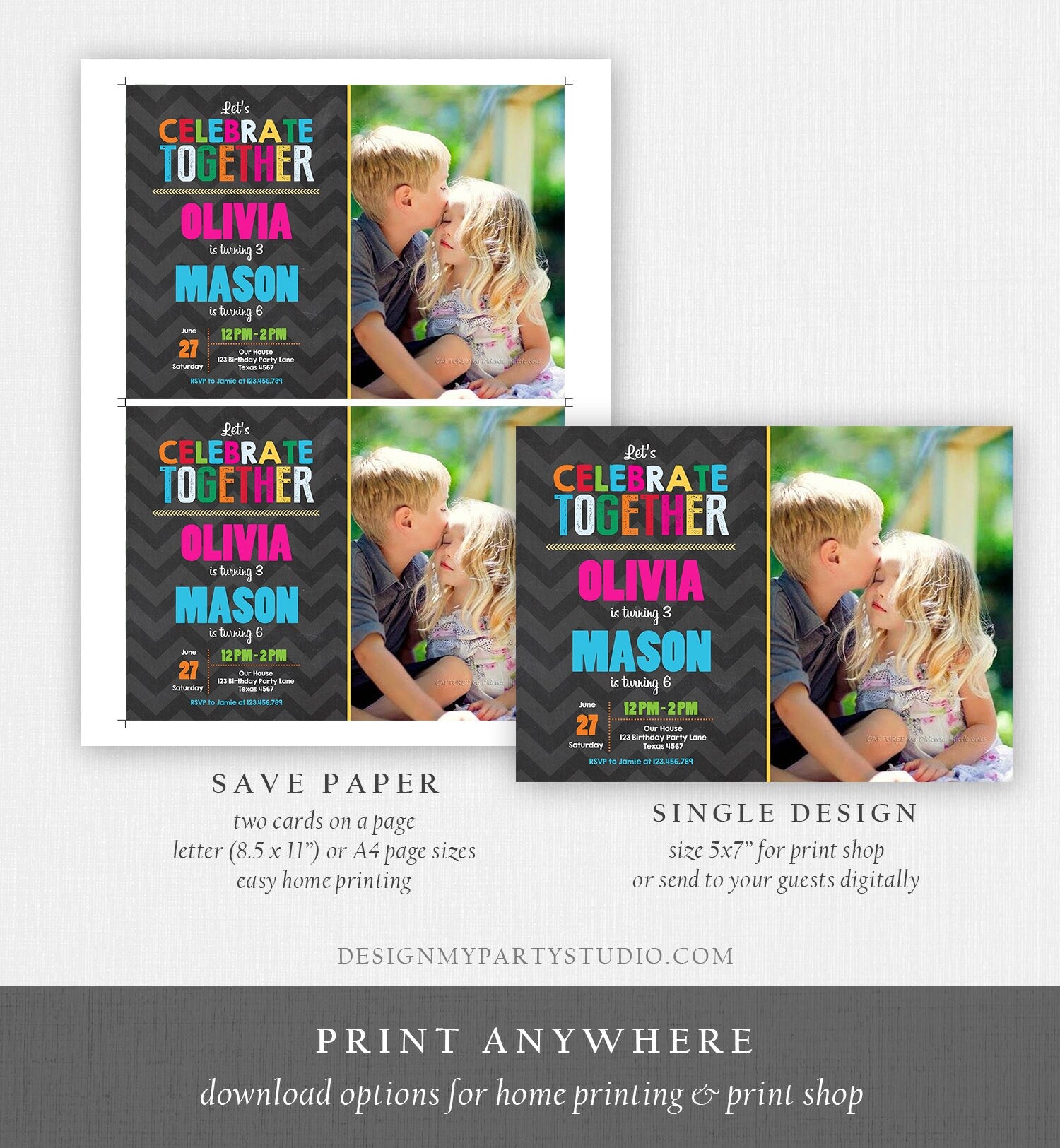 Editable Brother and Sister Birthday Invitation Twins Birthday Party Joint Birthday Party Rainbow Printable Invite Template Photo Corjl 0087