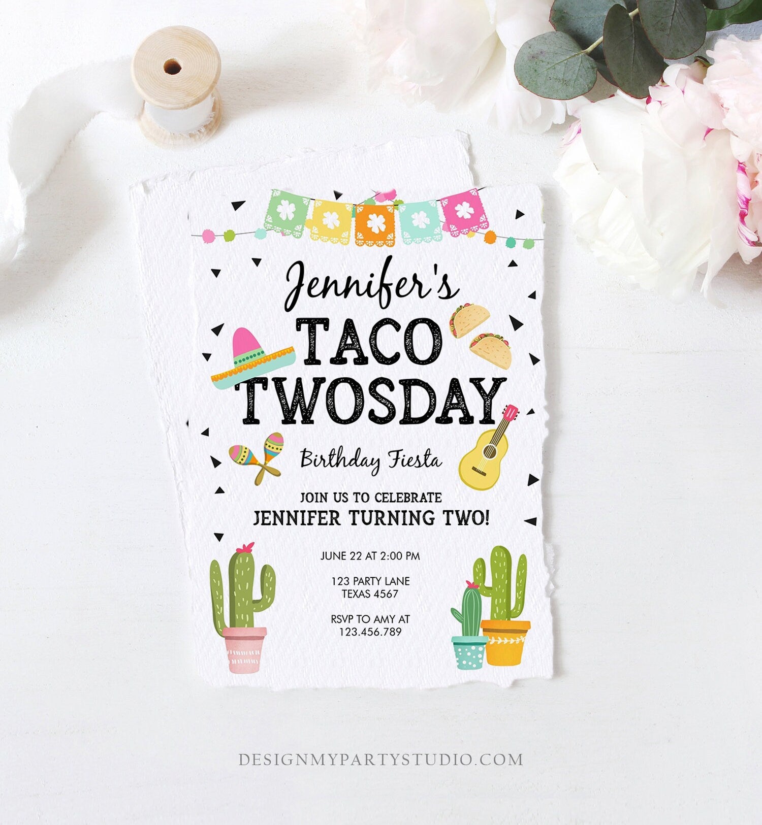 Editable Taco Twosday Invitation Mexican Girl Second Birthday 2nd Fiesta Pink Mint Cactus Digital Download Evite Template Printable 0161
