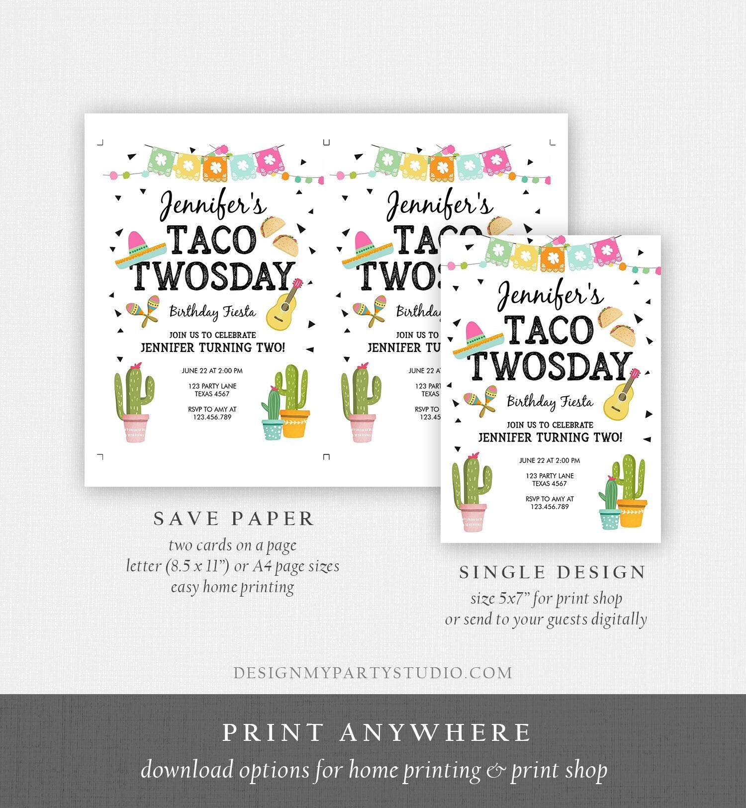 Editable Taco Twosday Invitation Mexican Girl Second Birthday 2nd Fiesta Pink Mint Cactus Digital Download Evite Template Printable 0161