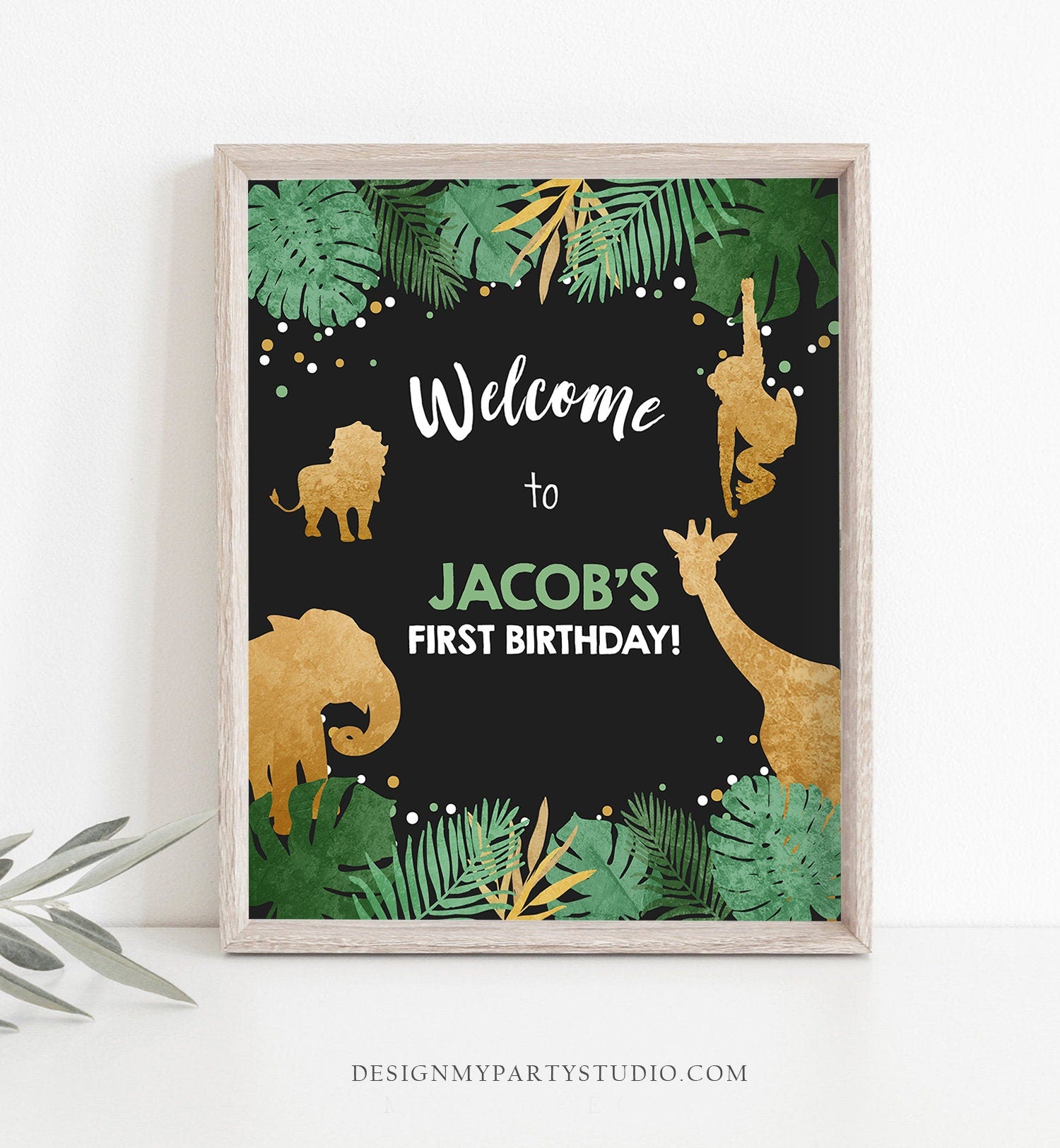 Editable Safari Animals Welcome Sign Wild One Poster Zoo Jungle Boy First Birthday 1st Black Gold Download Corjl Template Printable 0016