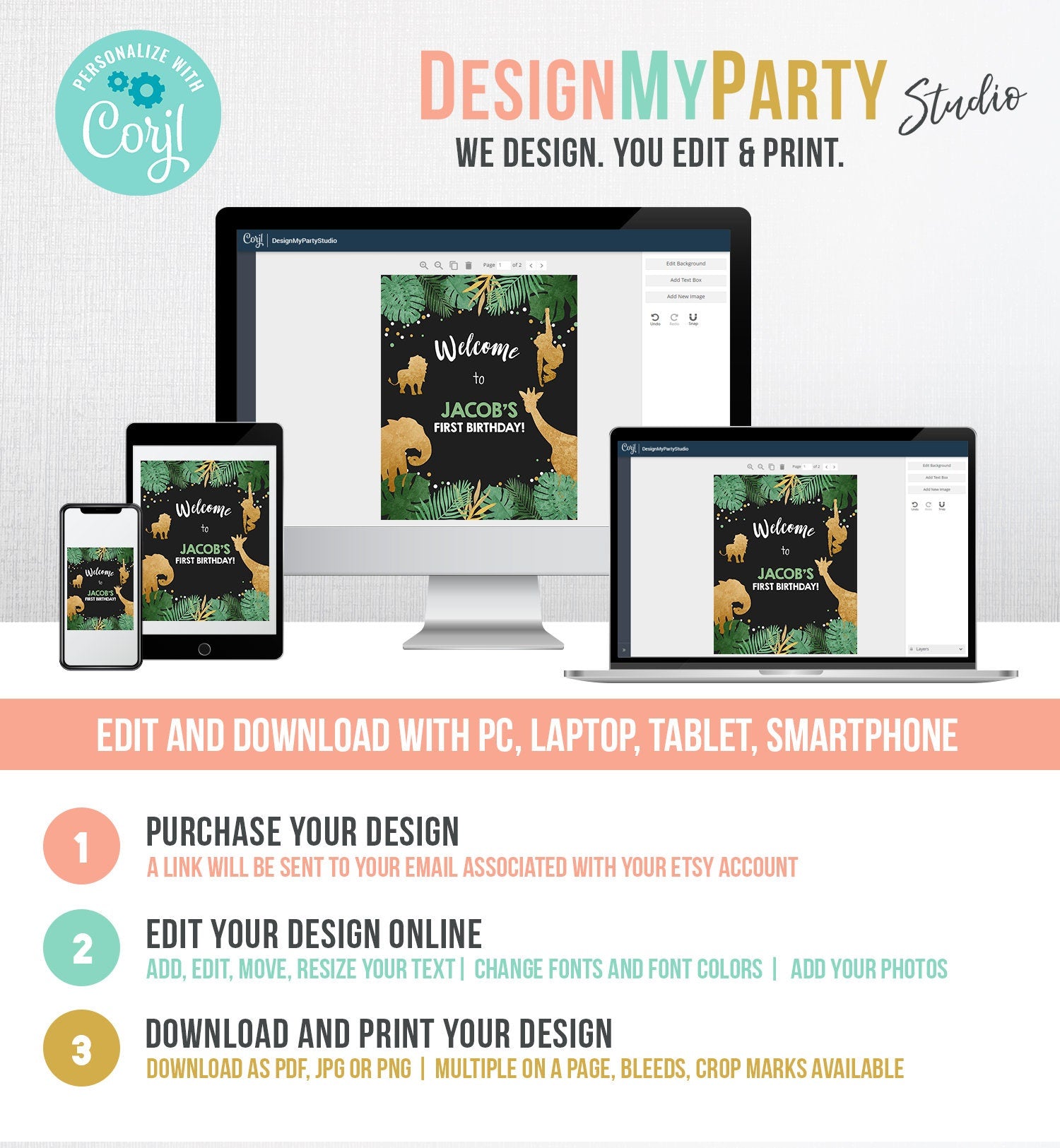 Editable Safari Animals Welcome Sign Wild One Poster Zoo Jungle Boy First Birthday 1st Black Gold Download Corjl Template Printable 0016