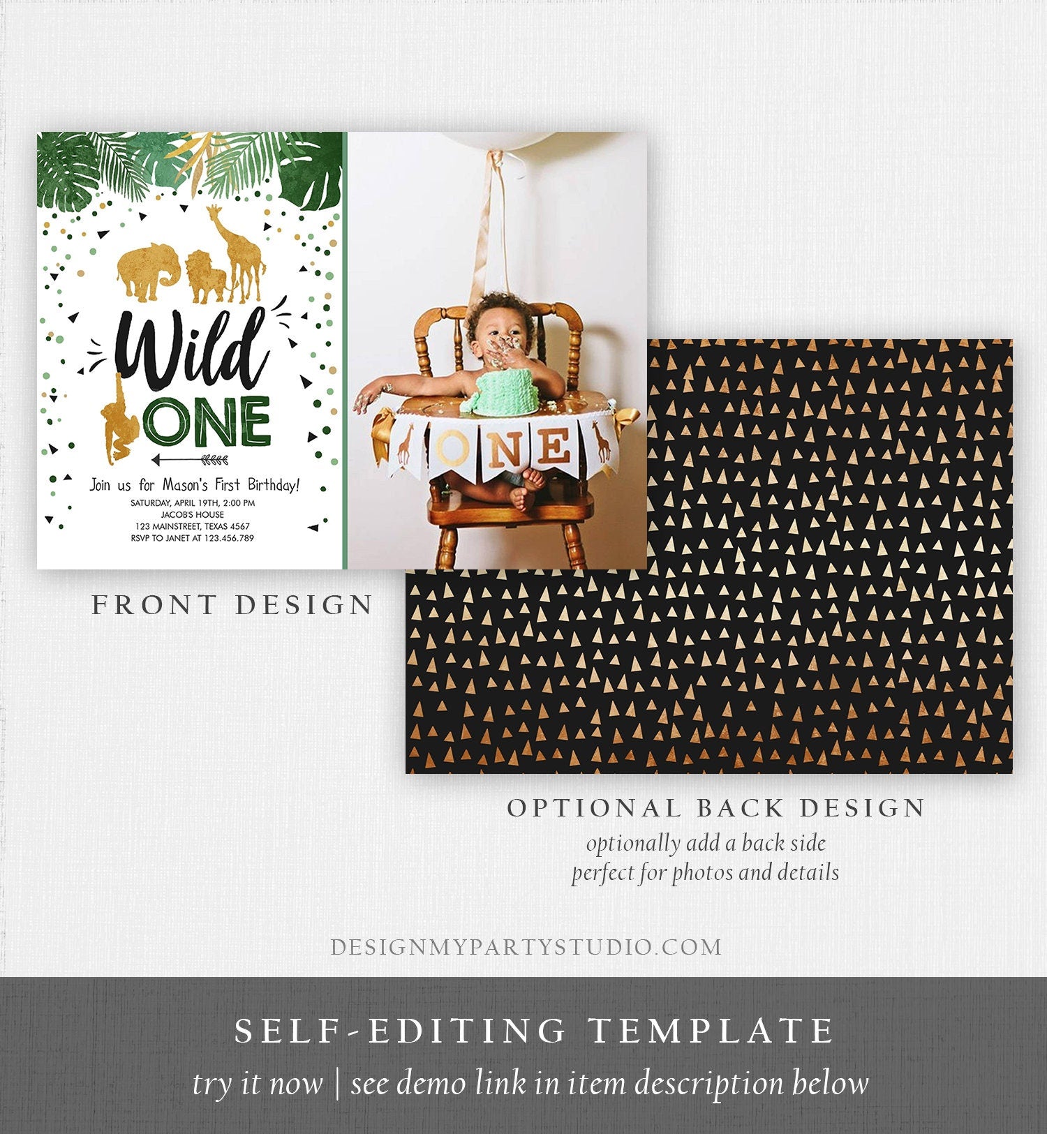 Editable Wild One Birthday Invitation Safari Animals Jungle Zoo Animals Black Gold First Birthday 1st Download Printable Corjl Template 0016