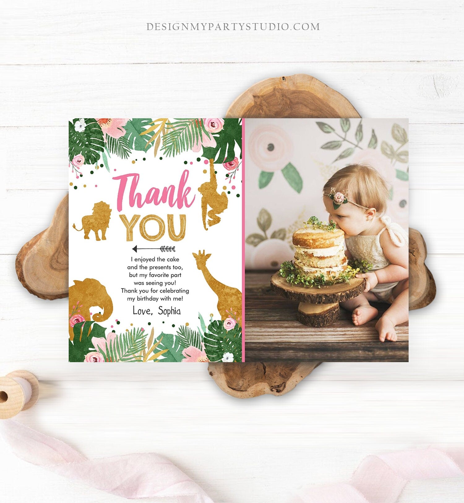 Editable Thank You Card Safari Animals Wild One Thank You Note Black Photo Girl Pink Gold Jungle Zoo Animals Digital Template Printable 0016
