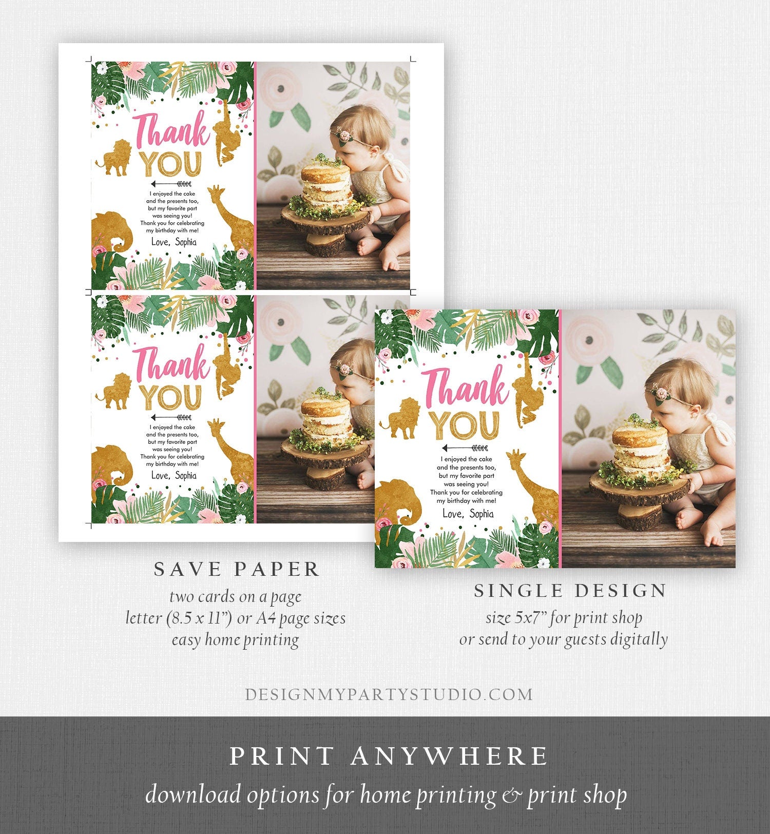 Editable Thank You Card Safari Animals Wild One Thank You Note Black Photo Girl Pink Gold Jungle Zoo Animals Digital Template Printable 0016