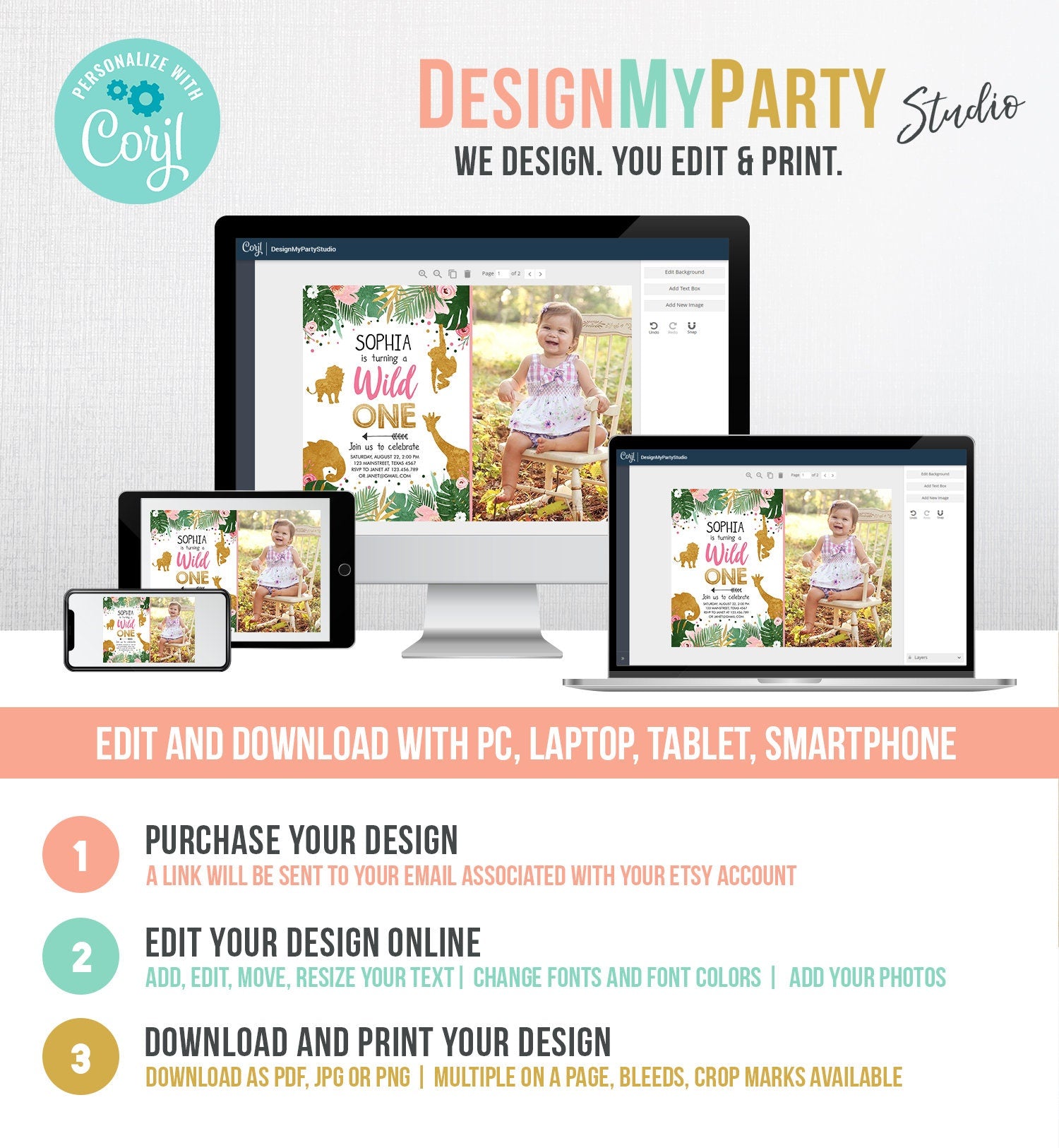 Editable Wild One Birthday Invitation Girl Safari Animals Jungle Zoo Party Animals Pink Gold Instant Download Printable Corjl Template 0016