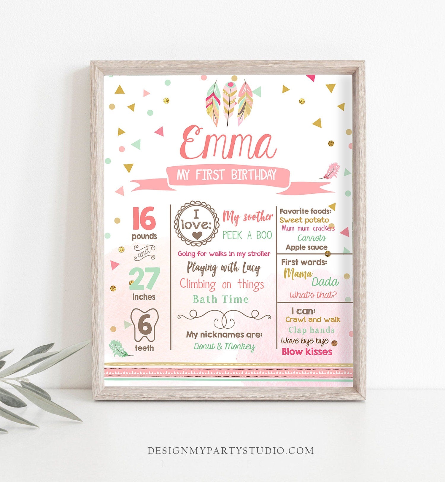 Editable Wild One Birthday Milestone Poster Sign Boho Tribal Feathers First Birthday 1s Girl Pink Digital Download Template Printable 0073