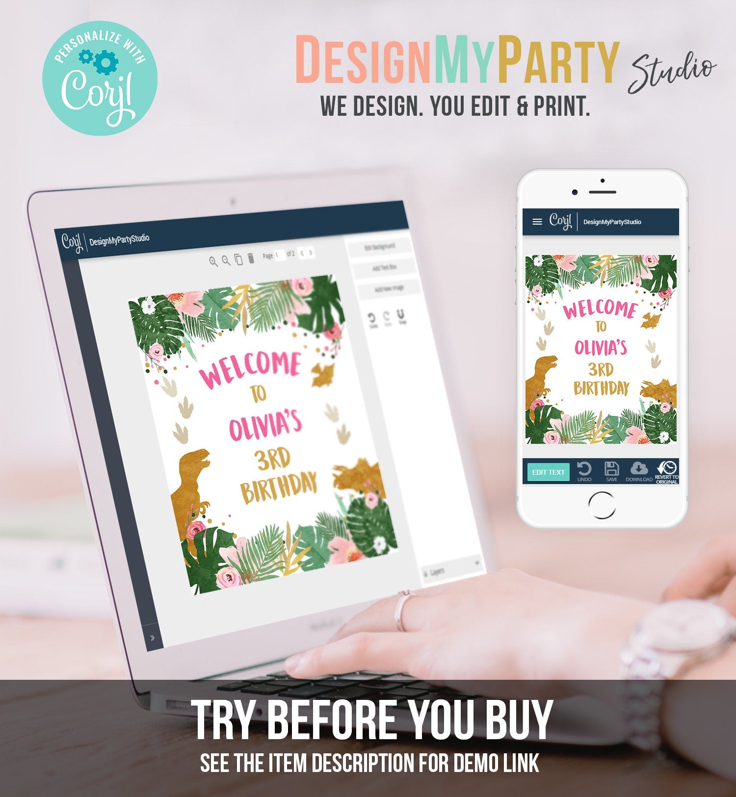 Editable Dinosaur Welcome Sign Girl Pink and Gold Dino Party Dinosaur Birthday Sign Welcome Dinosaur Sign Digital Template Printable 0146