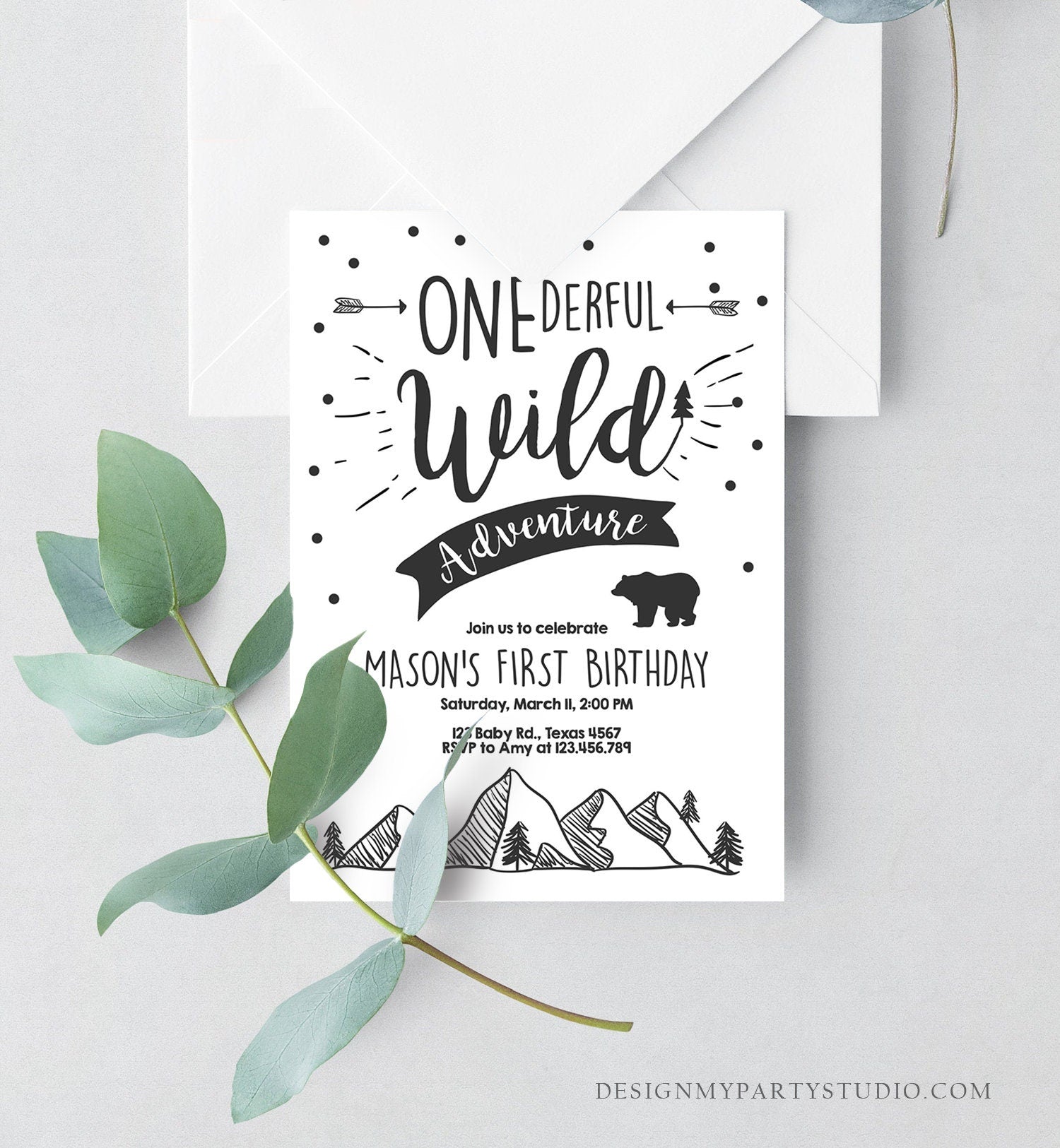 Editable A Onederful Wild Adventure First Birthday Invitation Wild Things Boy Mountains Bear Outdoor Download Printable Corjl Template 0083