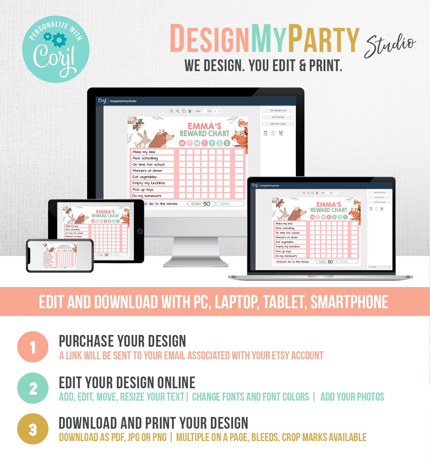 Editable Woodland Animals Reward Chart Chore Chart for Kids Routine Chart Pink Girl Fillable Chore Chart Printable Corjl Template 0222