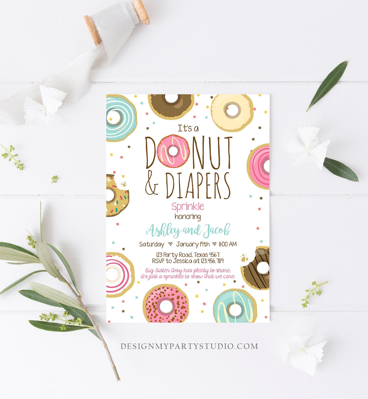 Editable Donut and Diapers Sprinkle Invitation Sprinkled With Love Coed Shower Pink Girl Digital Download Printable Corjl Template 0050