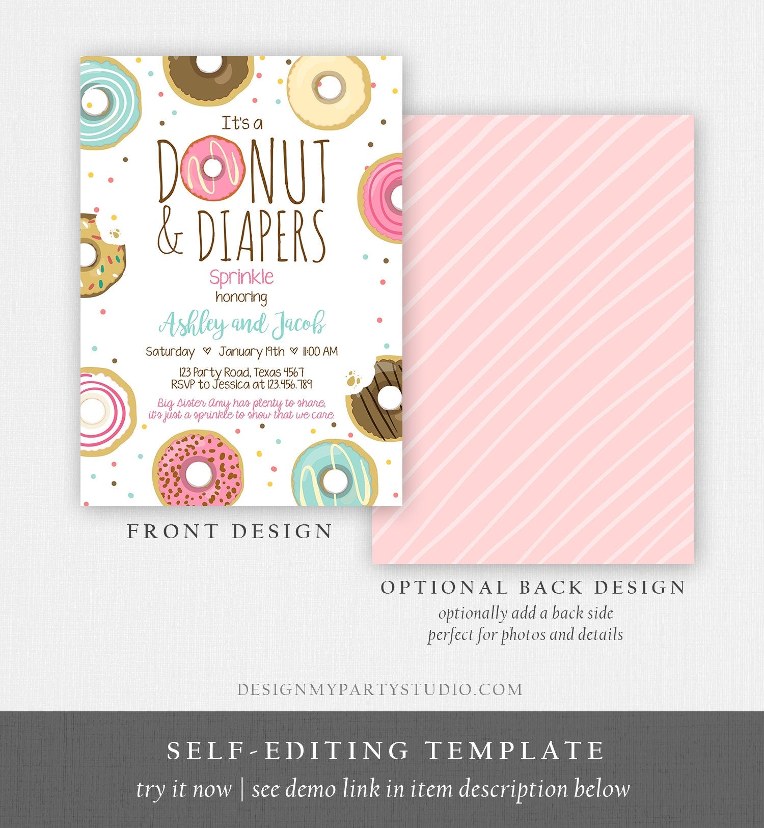 Editable Donut and Diapers Sprinkle Invitation Sprinkled With Love Coed Shower Pink Girl Digital Download Printable Corjl Template 0050