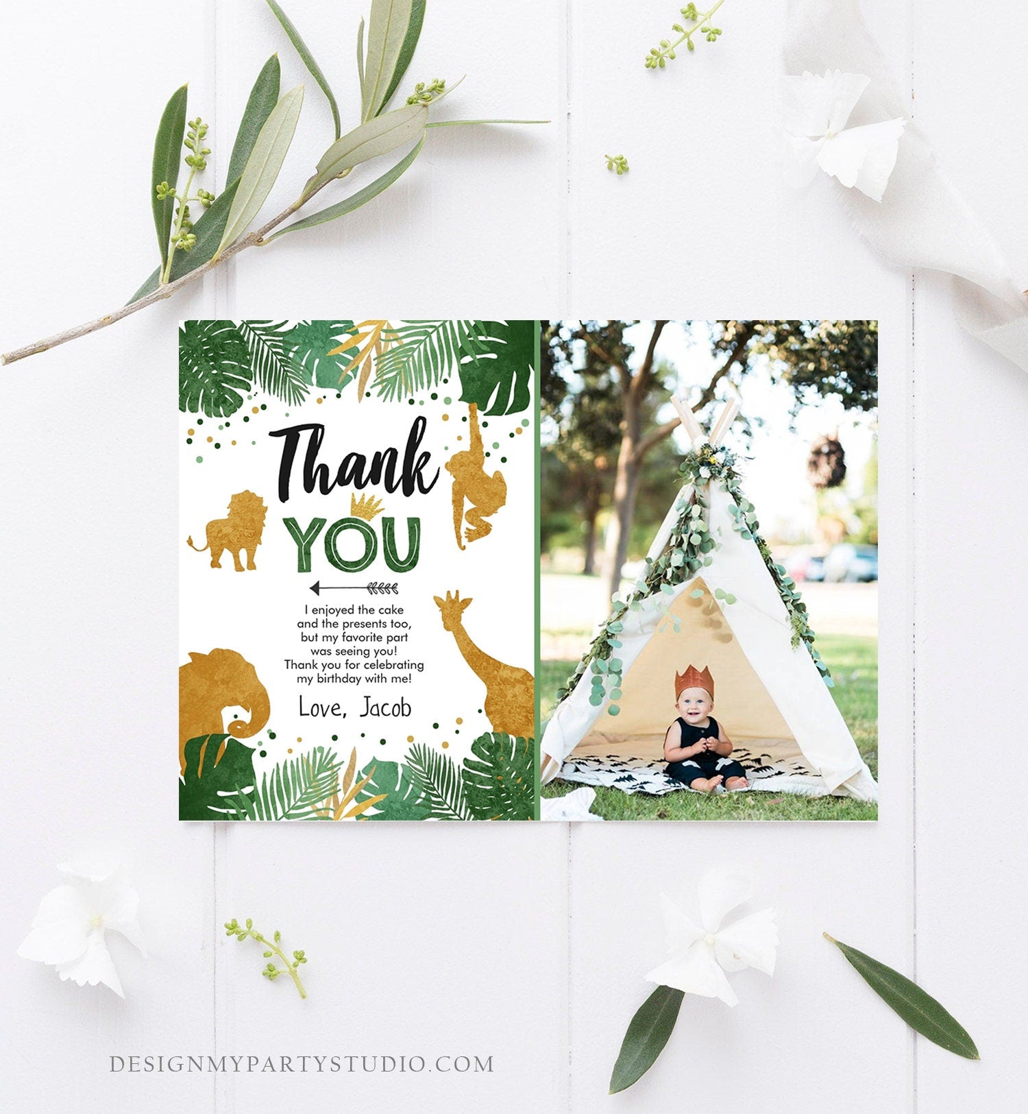 Editable Thank You Card Safari Animals Wild One Thank You Note Black Gold Photo Boy Zoo Animals Digital Evite Template Printable 0016