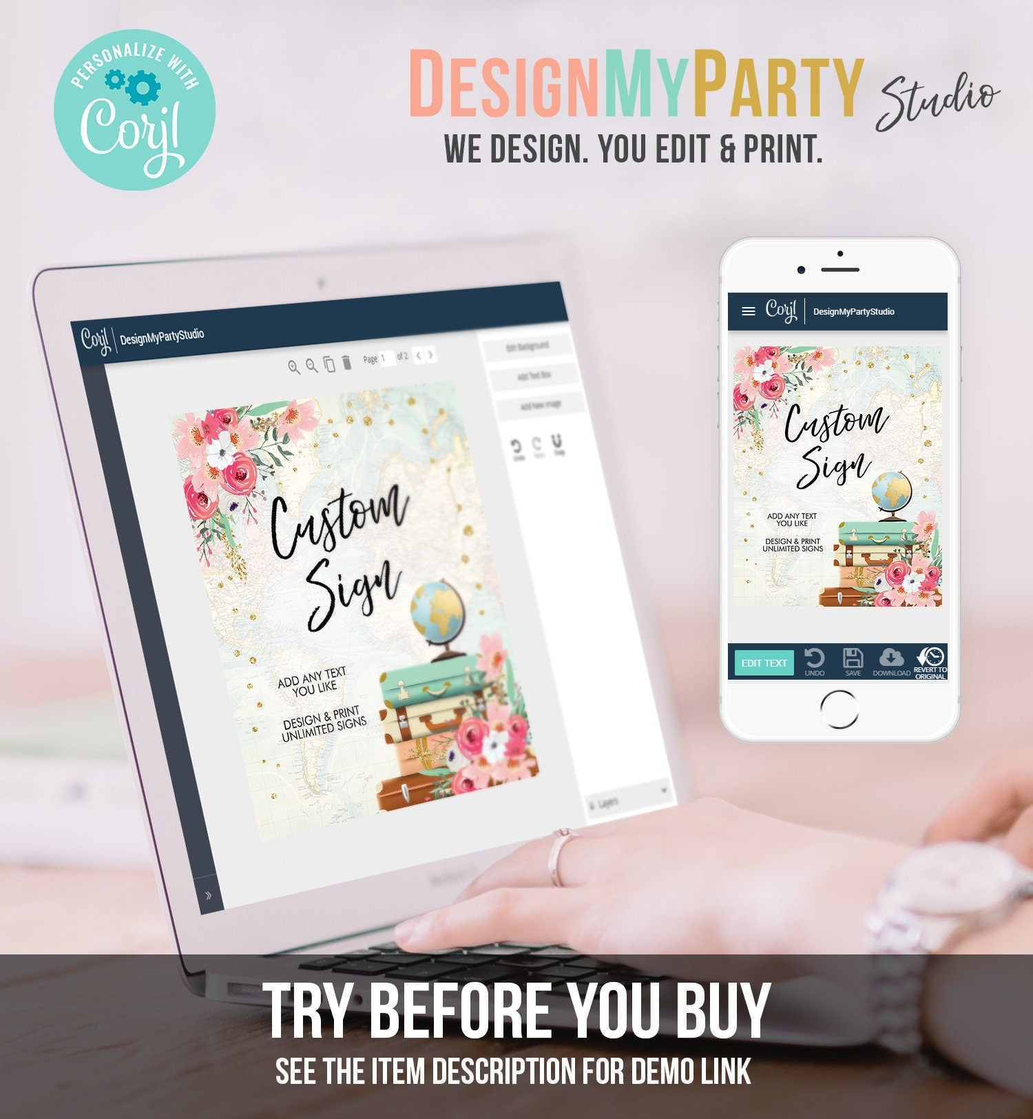 Editable Custom Sign Floral Travel Adventure Bridal Shower Traveling Flowers Pink Gold Confetti Digital Download Template Printable 0030