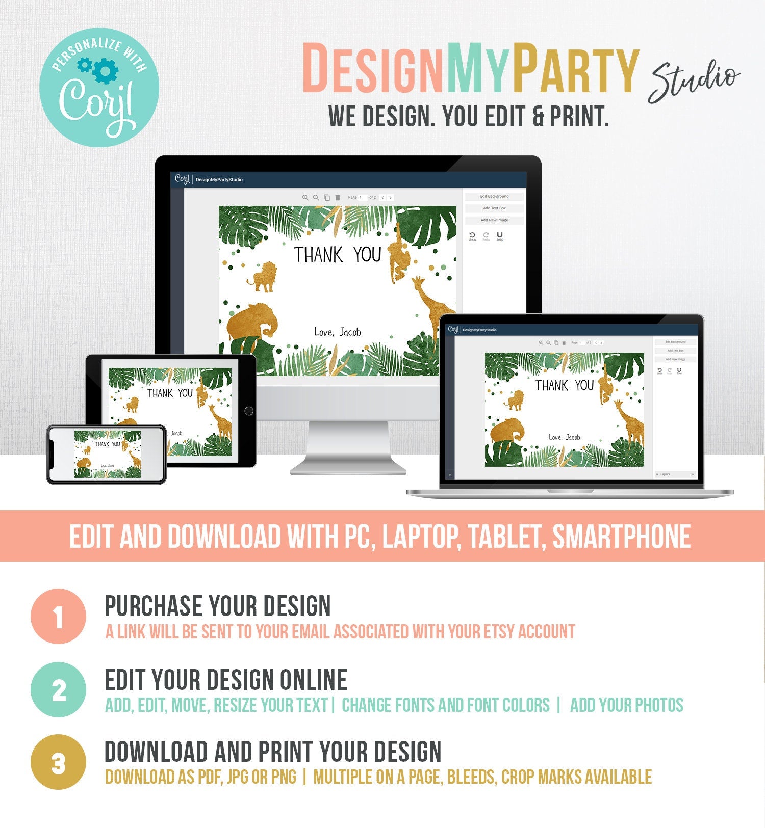 Editable Safari Animals Thank You Card Boy Birthday Baby Shower Party Animals Thank You Note Gold Wild Digital Template Printable 0016