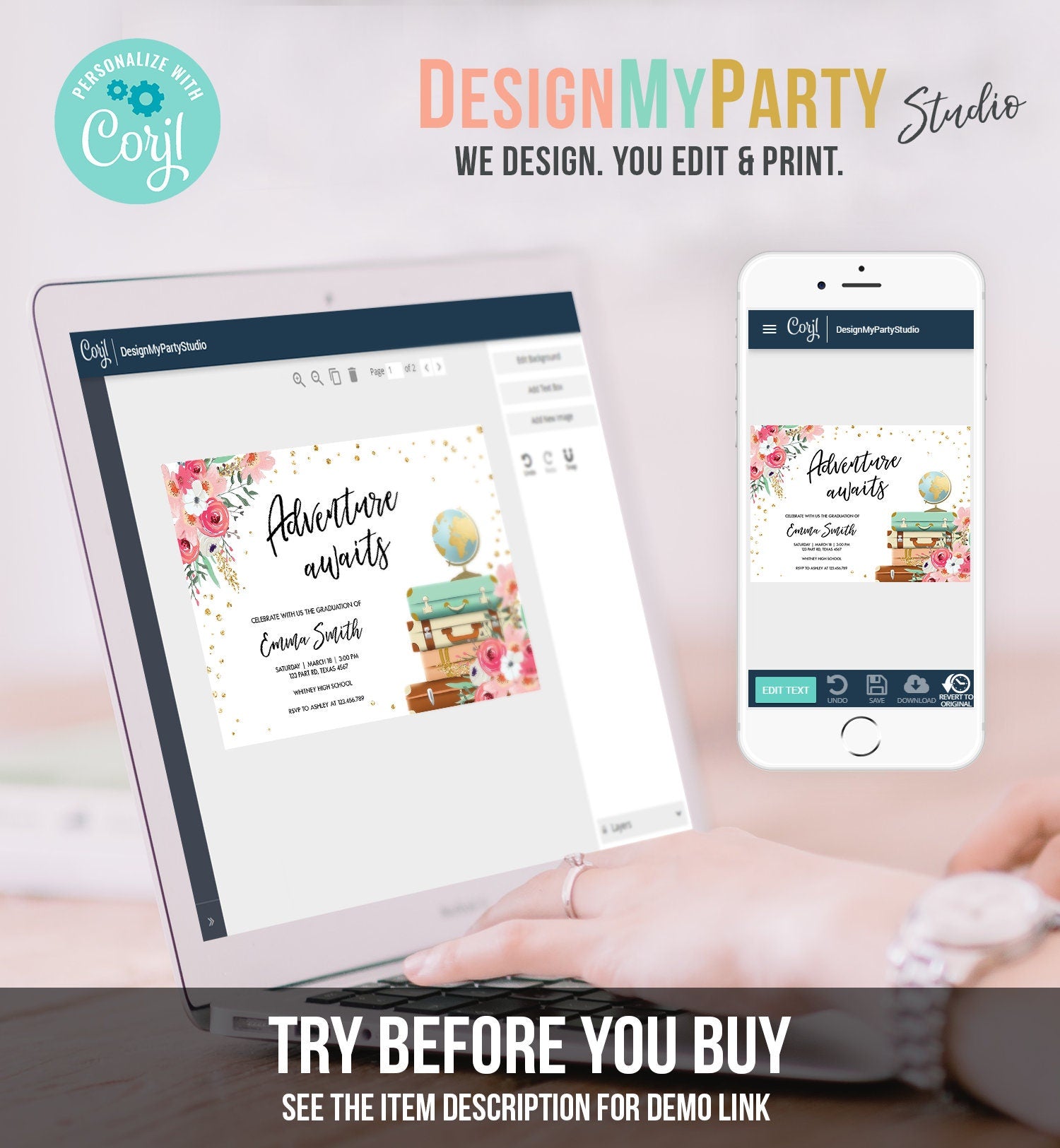 Editable Adventure Awaits Graduation Party Invitation Vintage Travel Around the World Pink Gold Floral Girl Corjl Template Printable 0030