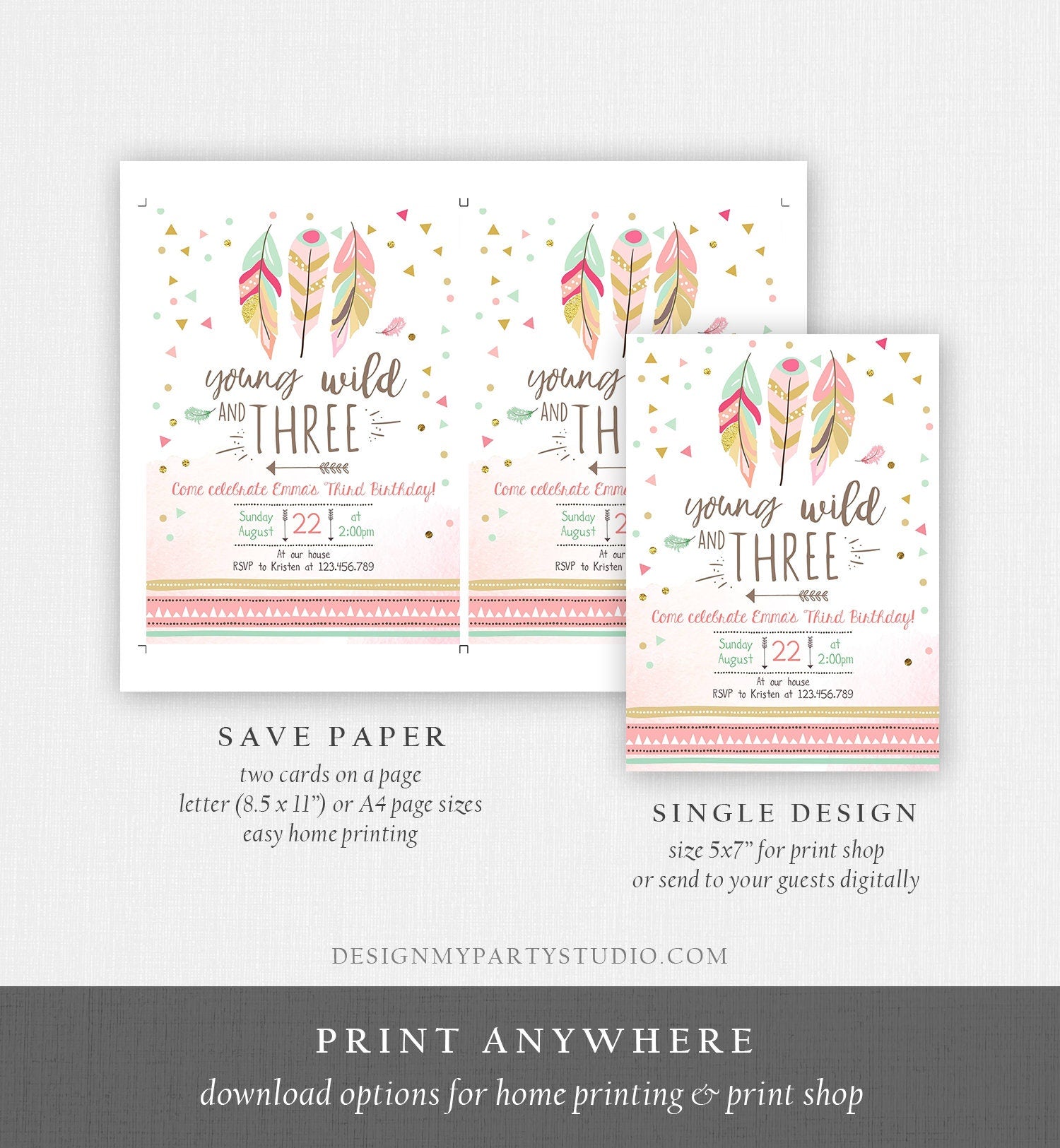 Editable Young Wild and Three Invitation Girl Pink and Gold 3rd Birthday Three Third Boho Digital Download Evite Template Printable 0073