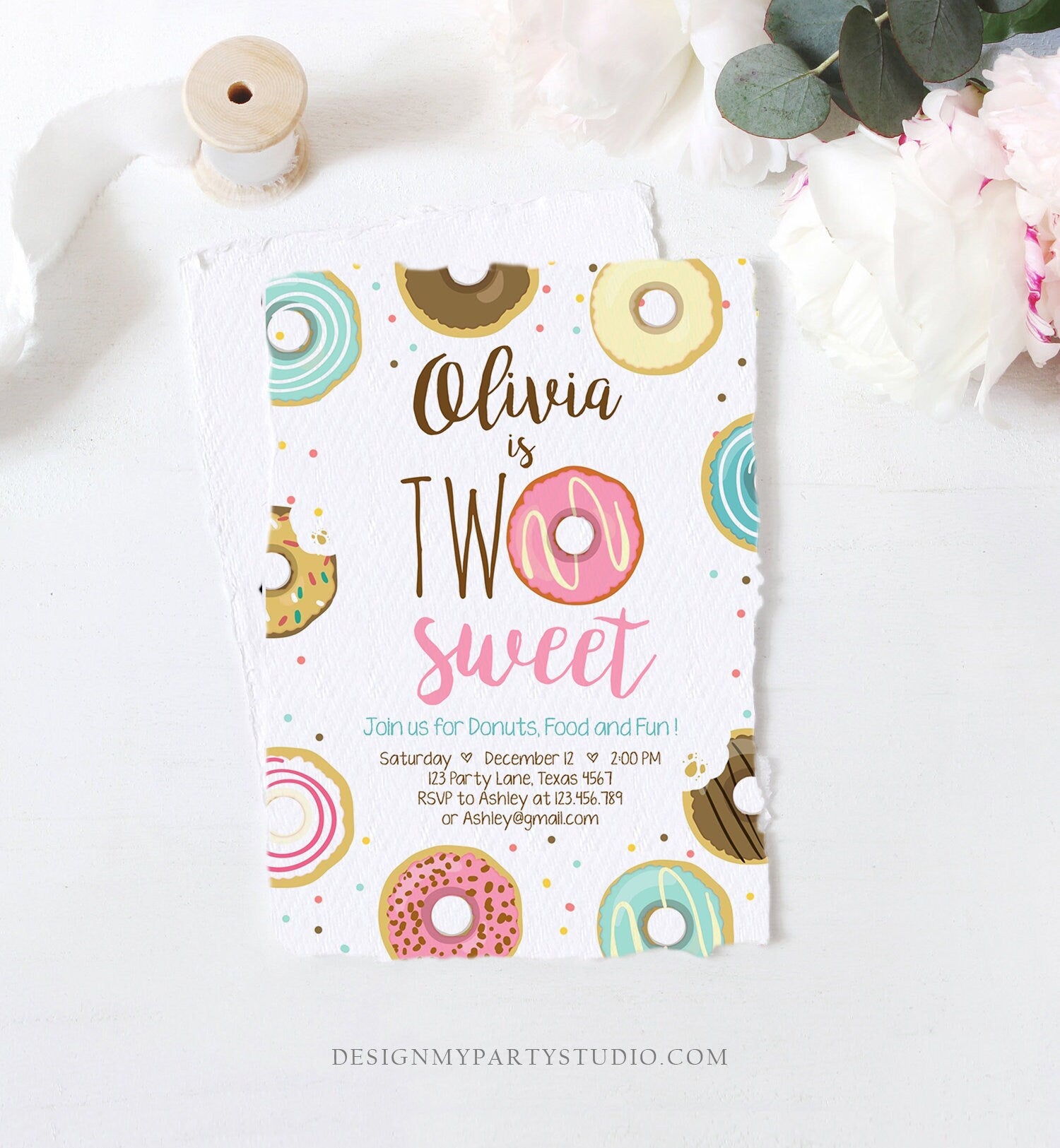 Editable Two Sweet Donut Birthday Invitation Second 2nd Girl Pink Doughnut Party Digital Download Evite Template Printable 0050