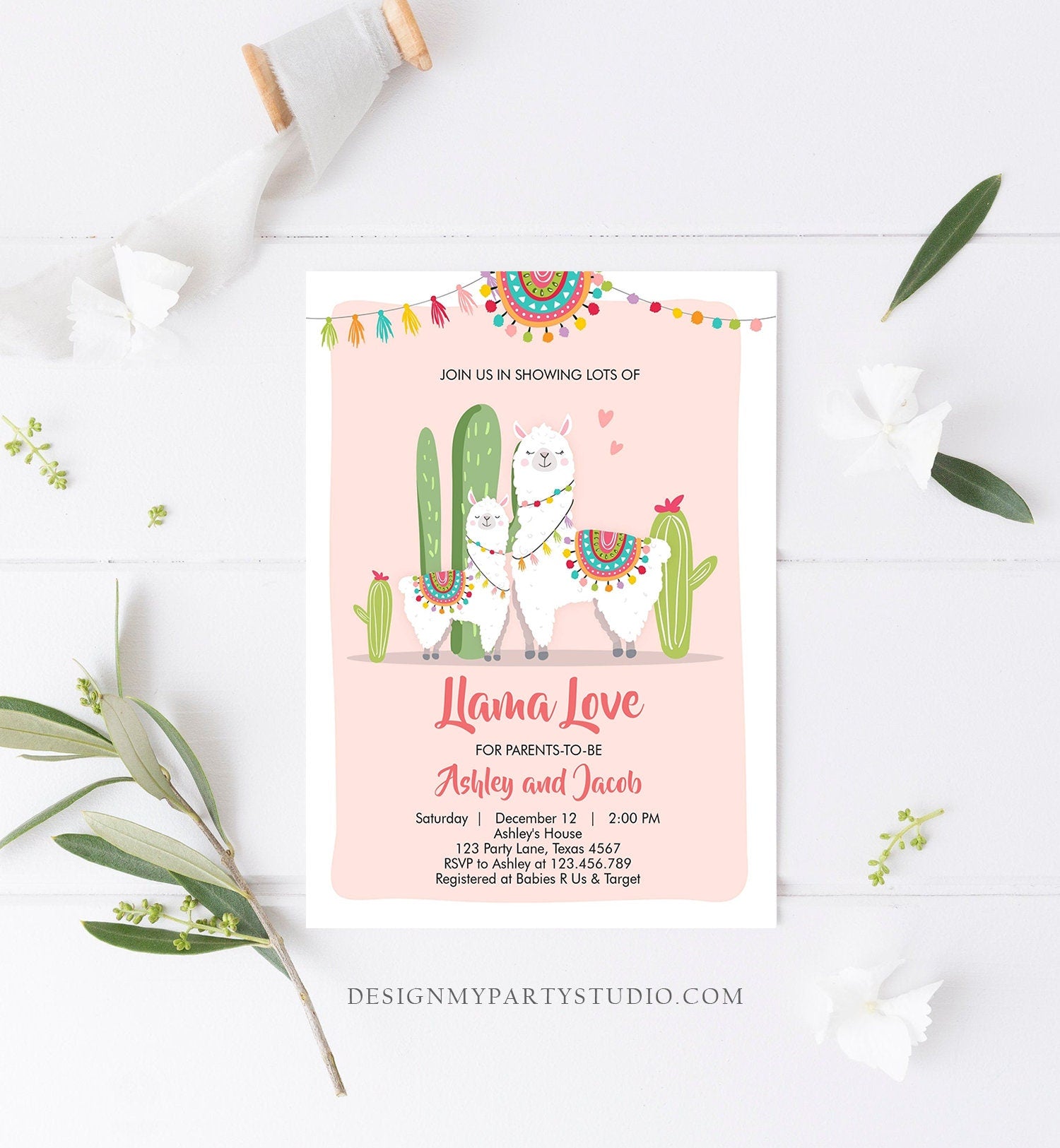 Editable Llama Baby Shower Invitation Llama Love Fiesta Cactus Mexican Couples Shower Pink Girl Digital Download Template Printable 0079
