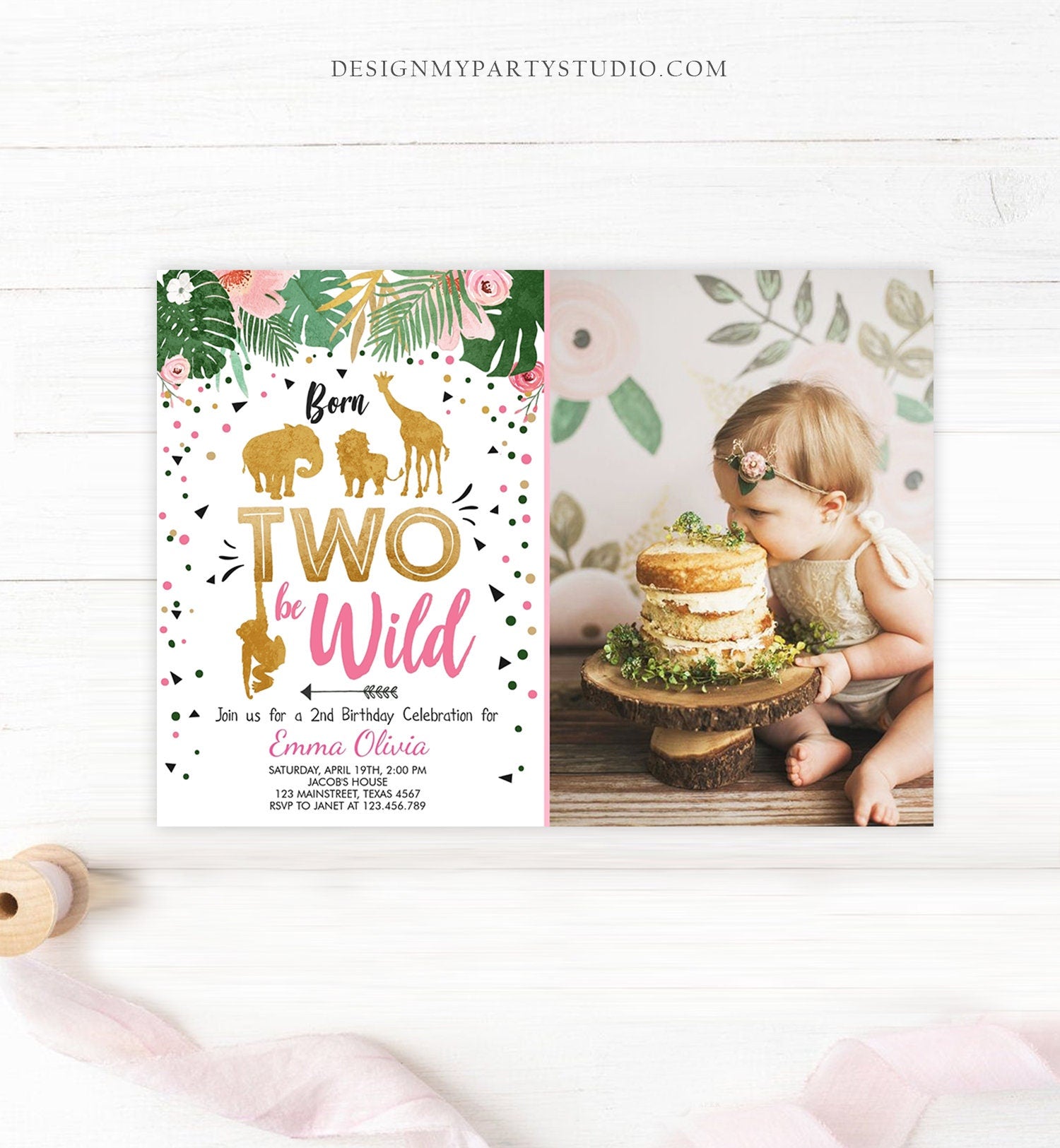 Editable Born Two Be Wild Birthday Invitation Girl Pink Gold Safari Animals Jungle Zoo Second Birthday 2nd Printable Corjl Template 0016