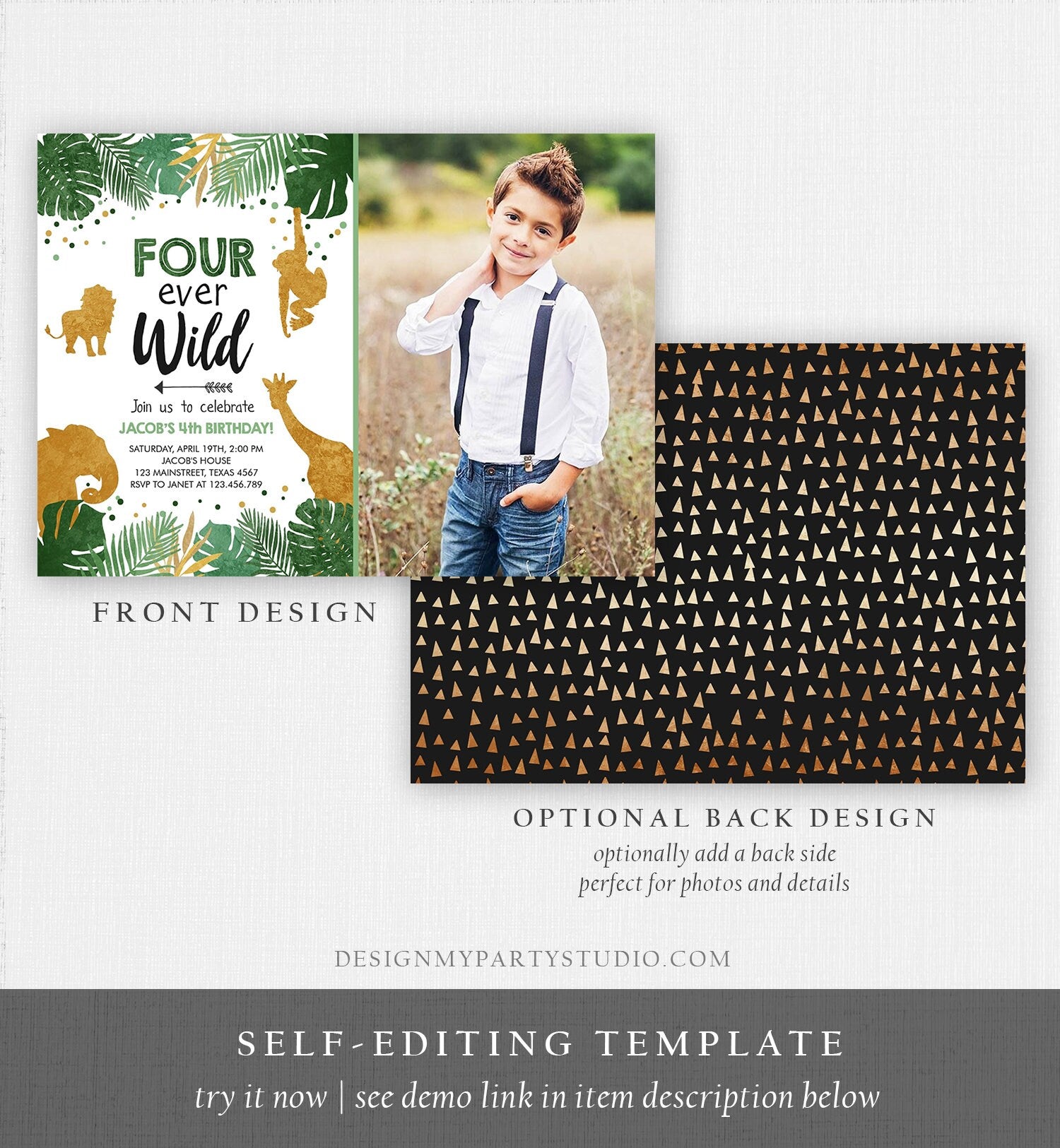 Editable Fourever Wild Birthday Invitation Safari Animals Jungle Zoo Party Boy Gold Fourth Birthday 4th Four Printable Corjl Template 0016