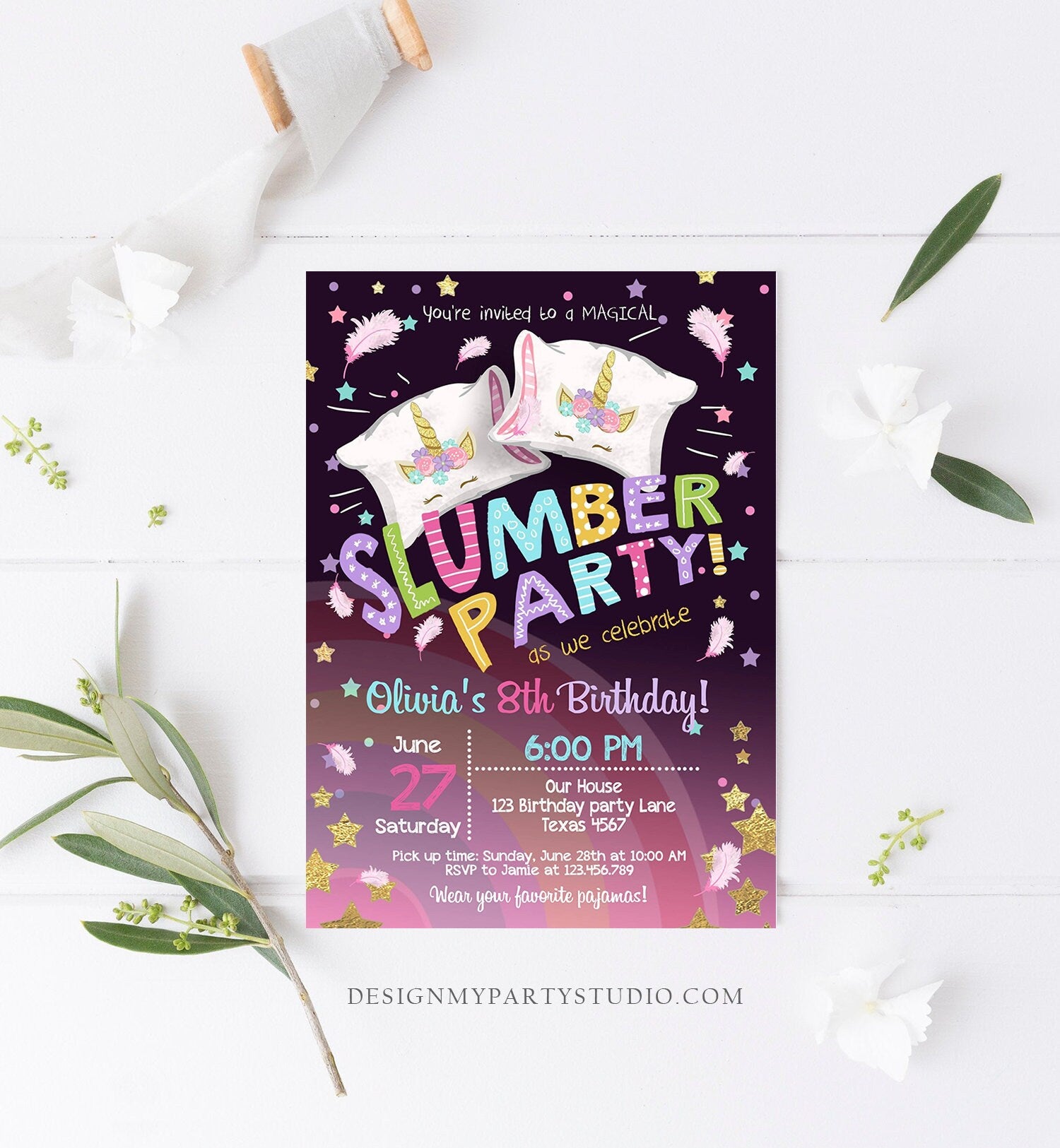 Editable Unicorn Slumber Party Birthday Invitation Sleepover Pyjamas Girl Pink Gold Rainbow Gold Download Printable Corjl Template 0328