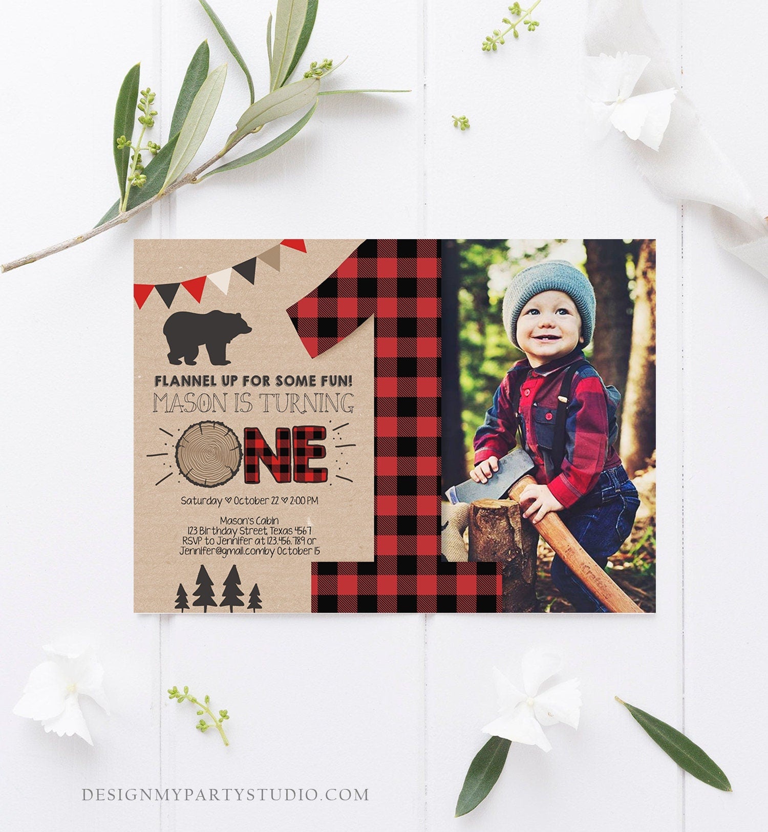 Editable Lumberjack Birthday Invitation First Birthday 1st Boy Woodland Bear Forest Red Black Plaid Rustic Digital Template Printable 0026