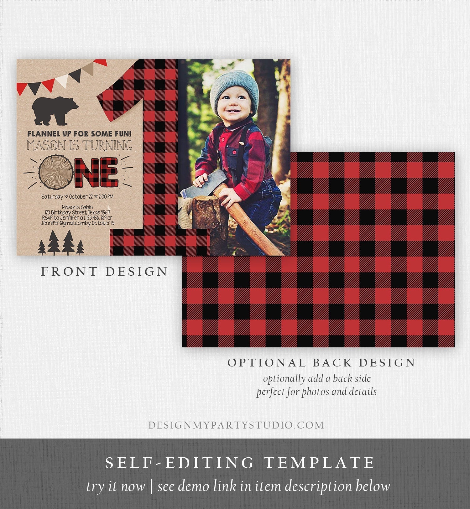 Editable Lumberjack Birthday Invitation First Birthday 1st Boy Woodland Bear Forest Red Black Plaid Rustic Digital Template Printable 0026